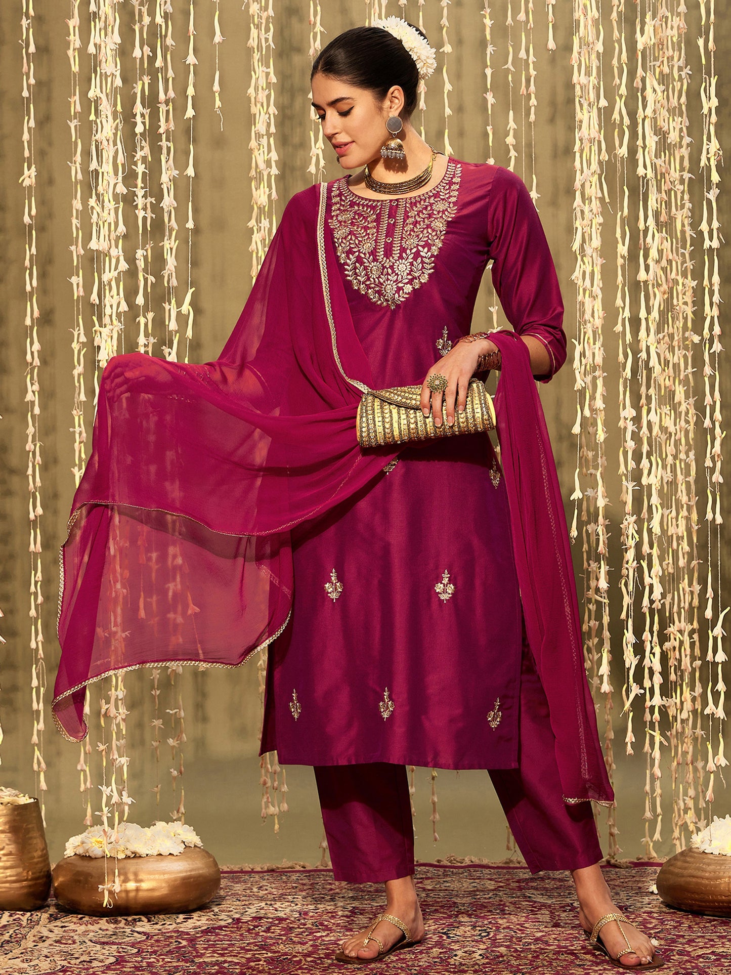 IE Magenta Embroidered Straight Kurta Trousers With Dupatta set