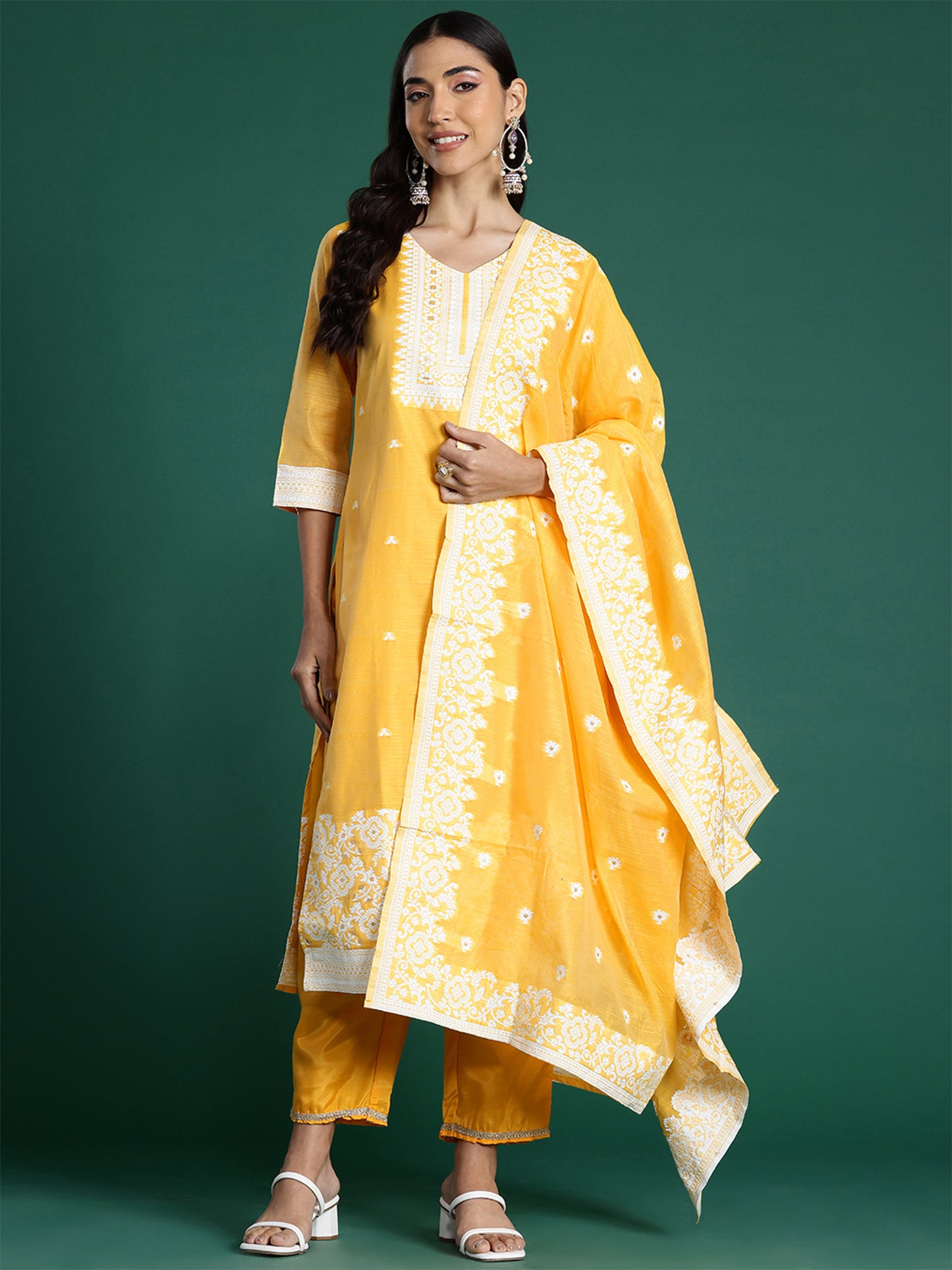 IE Yellow Woven Design Straight Kurta Trousers With Dupatta set