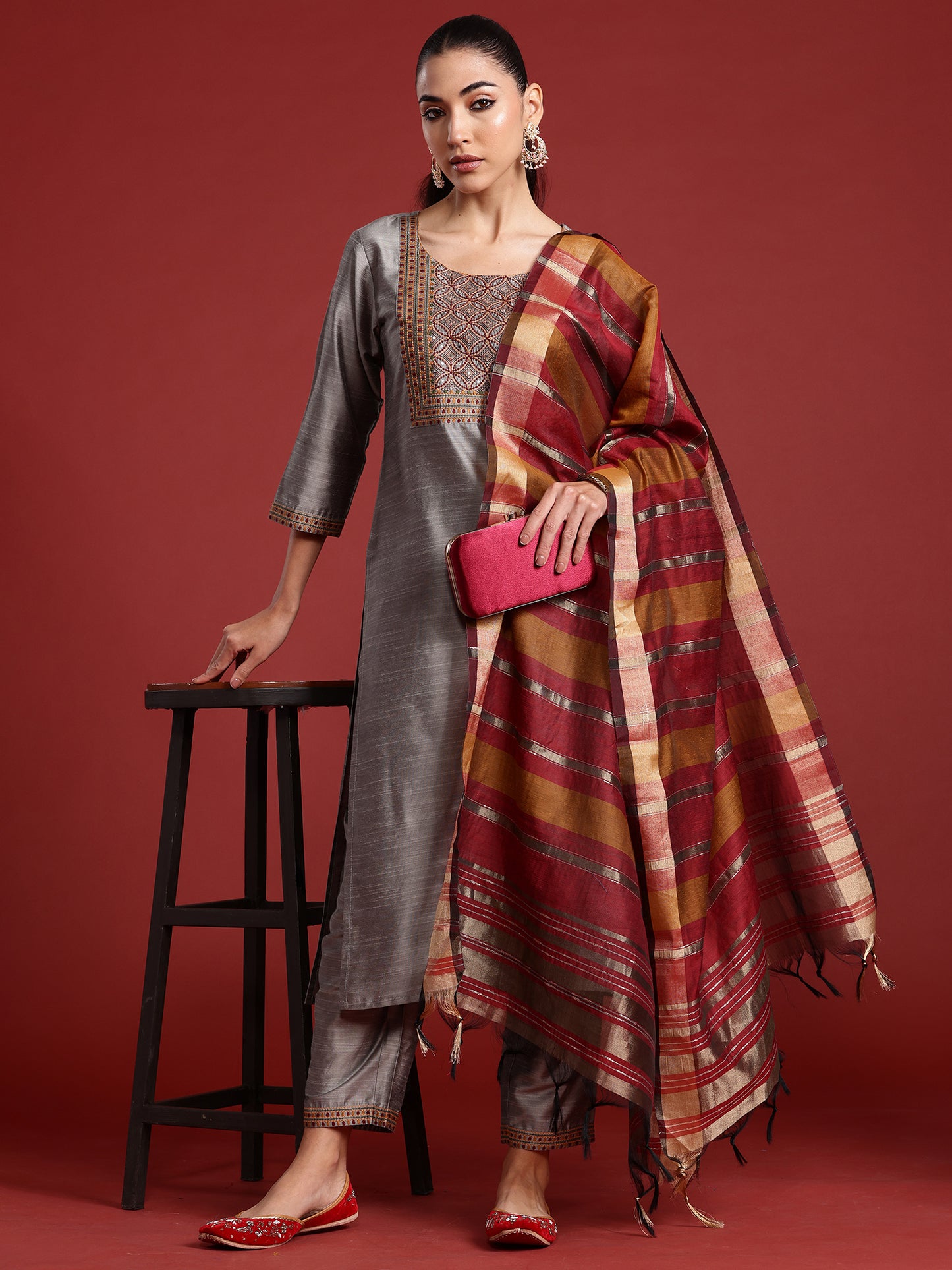 IE Grey Embroidered Straight Kurta Trousers With Dupatta  Set