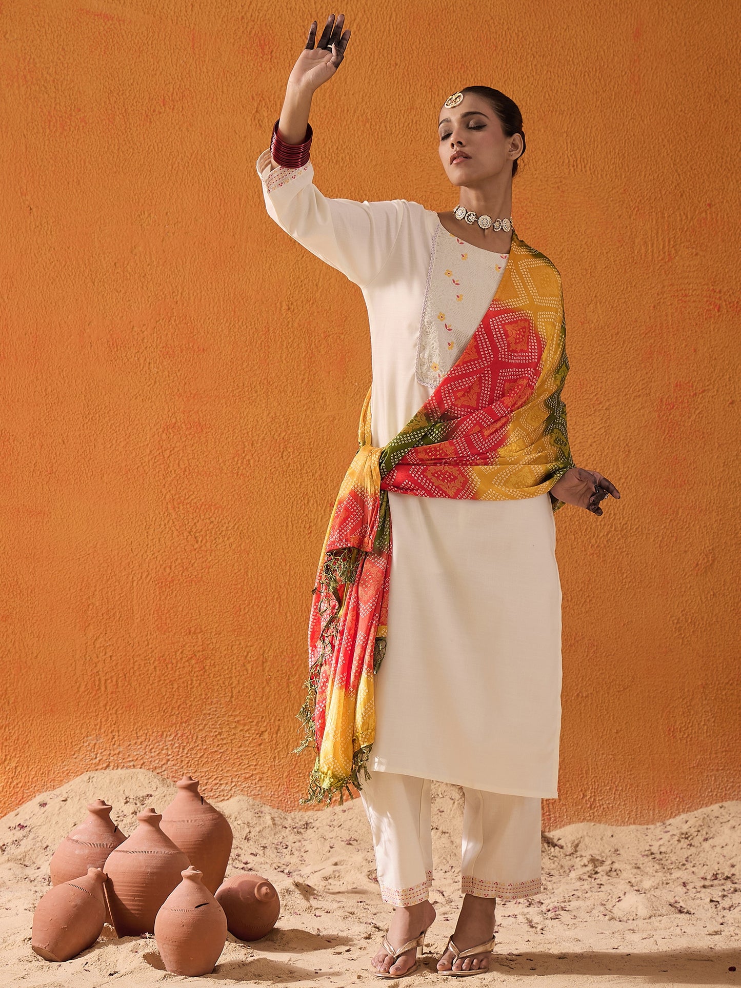 IE White Yoke Design Straight Kurta Trousers With Dupatta set