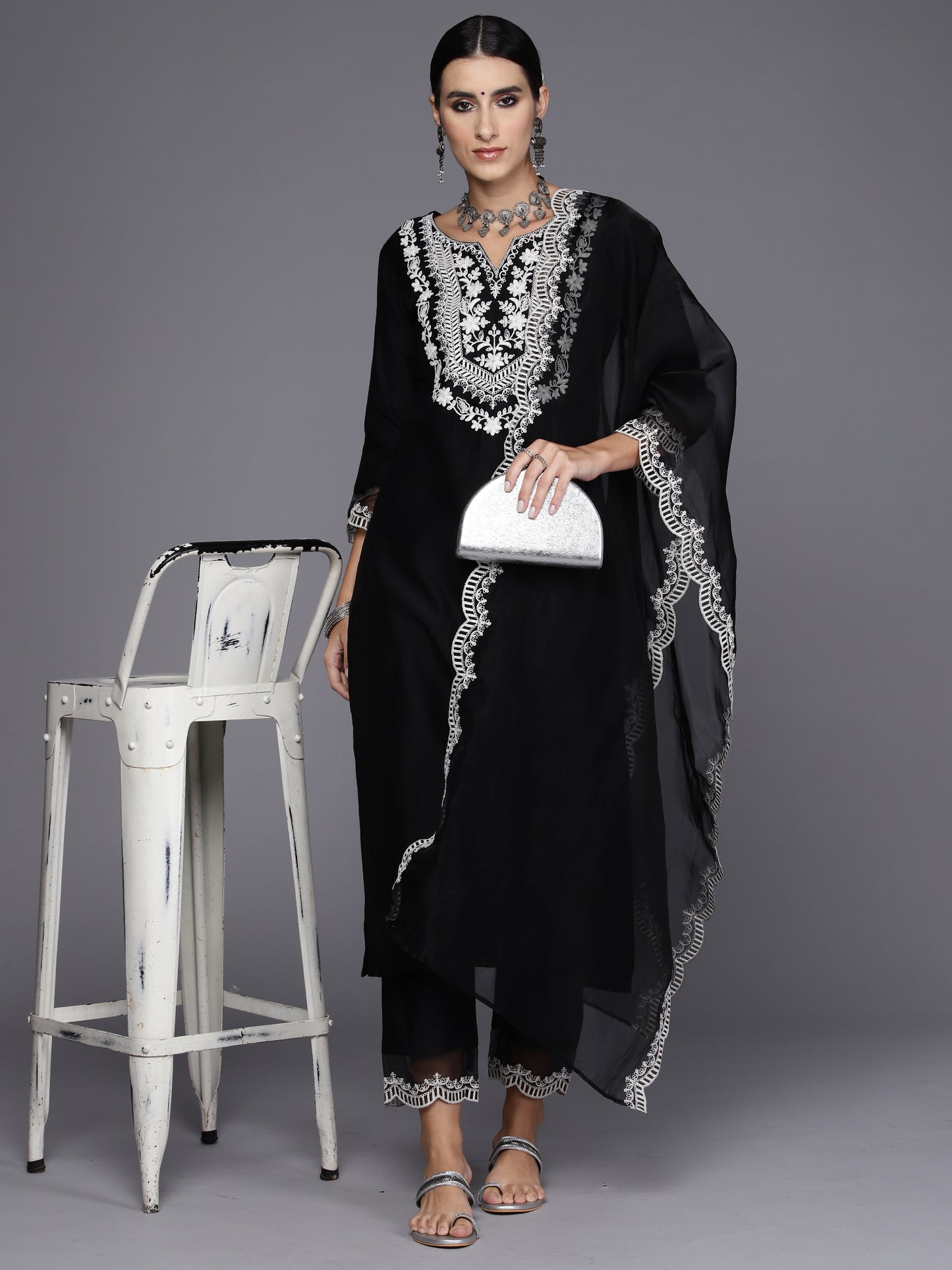 IE Black Embroidered Straight Kurta Trousers With Dupatta Set