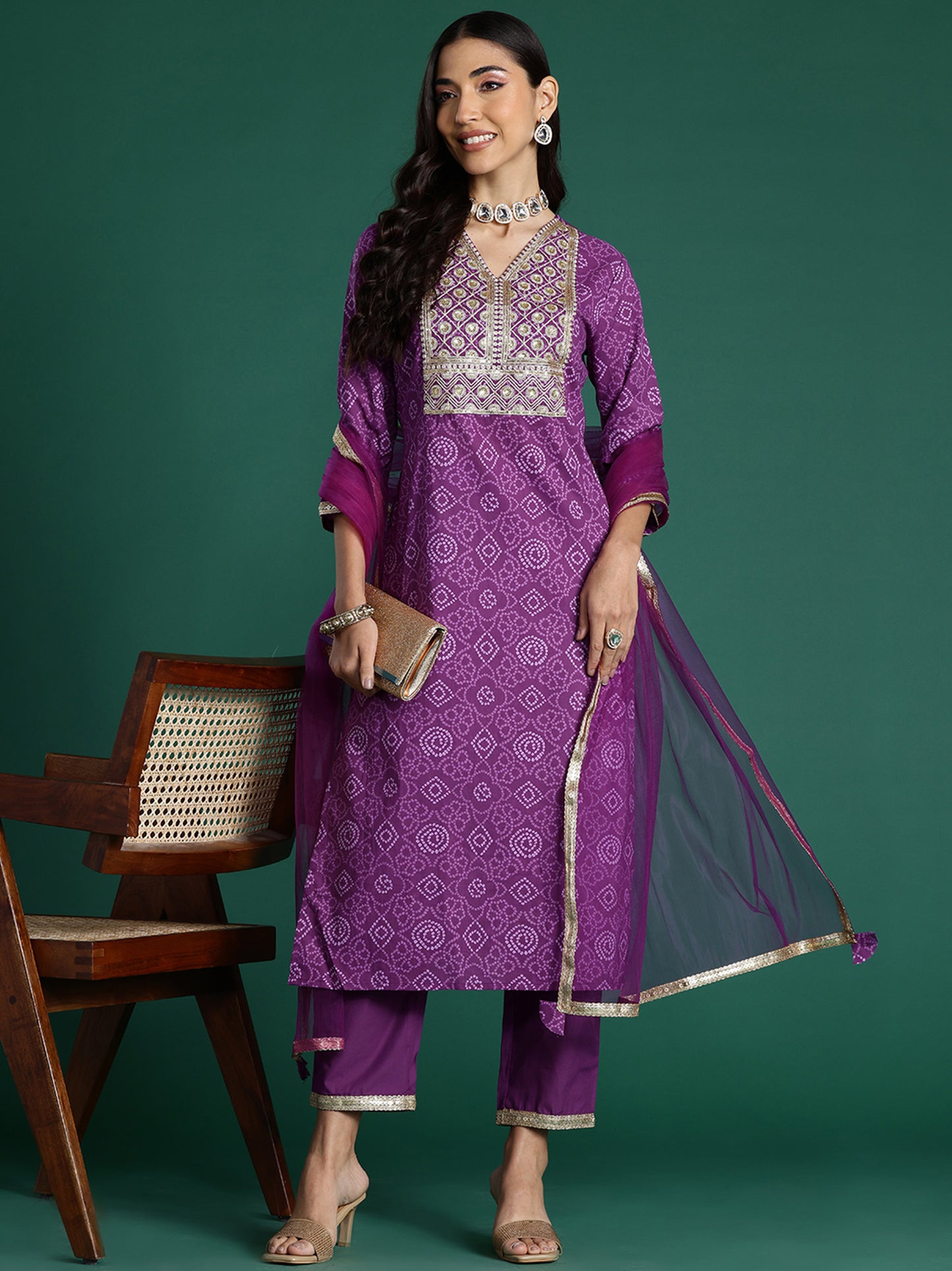 IE Purple Embroidered Straight Kurta Trousers With Dupatta set