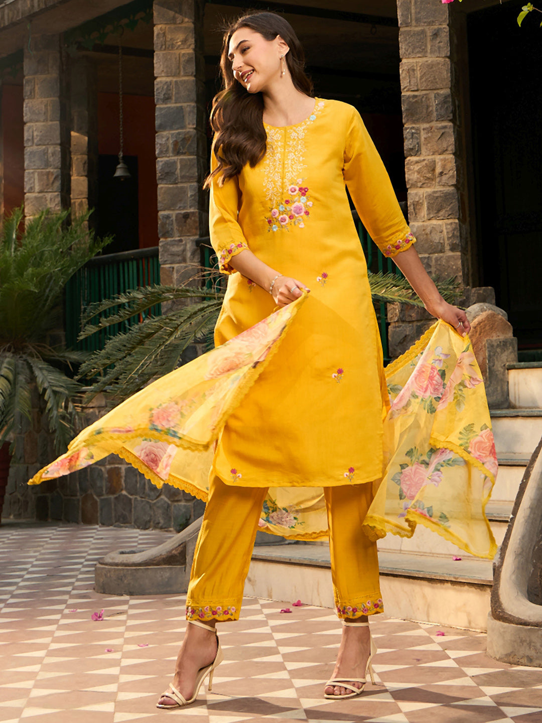 IE Yellow Embroidered Straight Kurta Trousers With Dupatta set