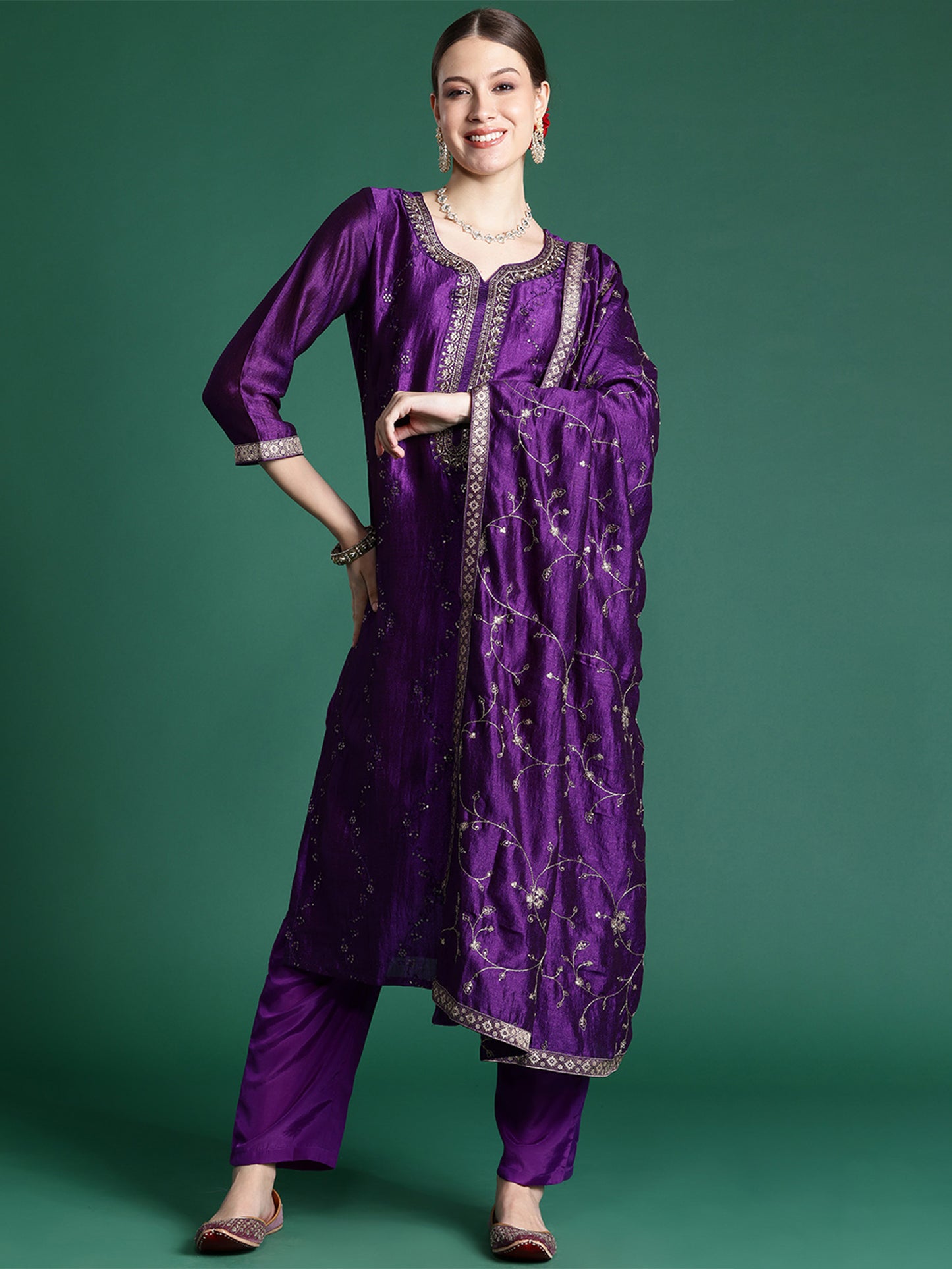 IE Purple Embroidered Straight Kurta Trousers With Dupatta set