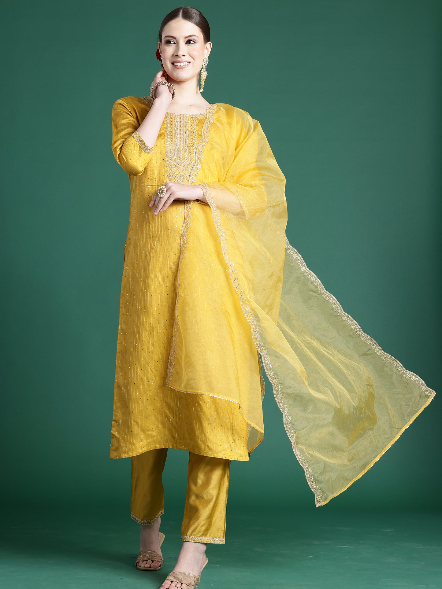 IE Yellow Embroidered Straight Kurta Trousers With Dupatta set