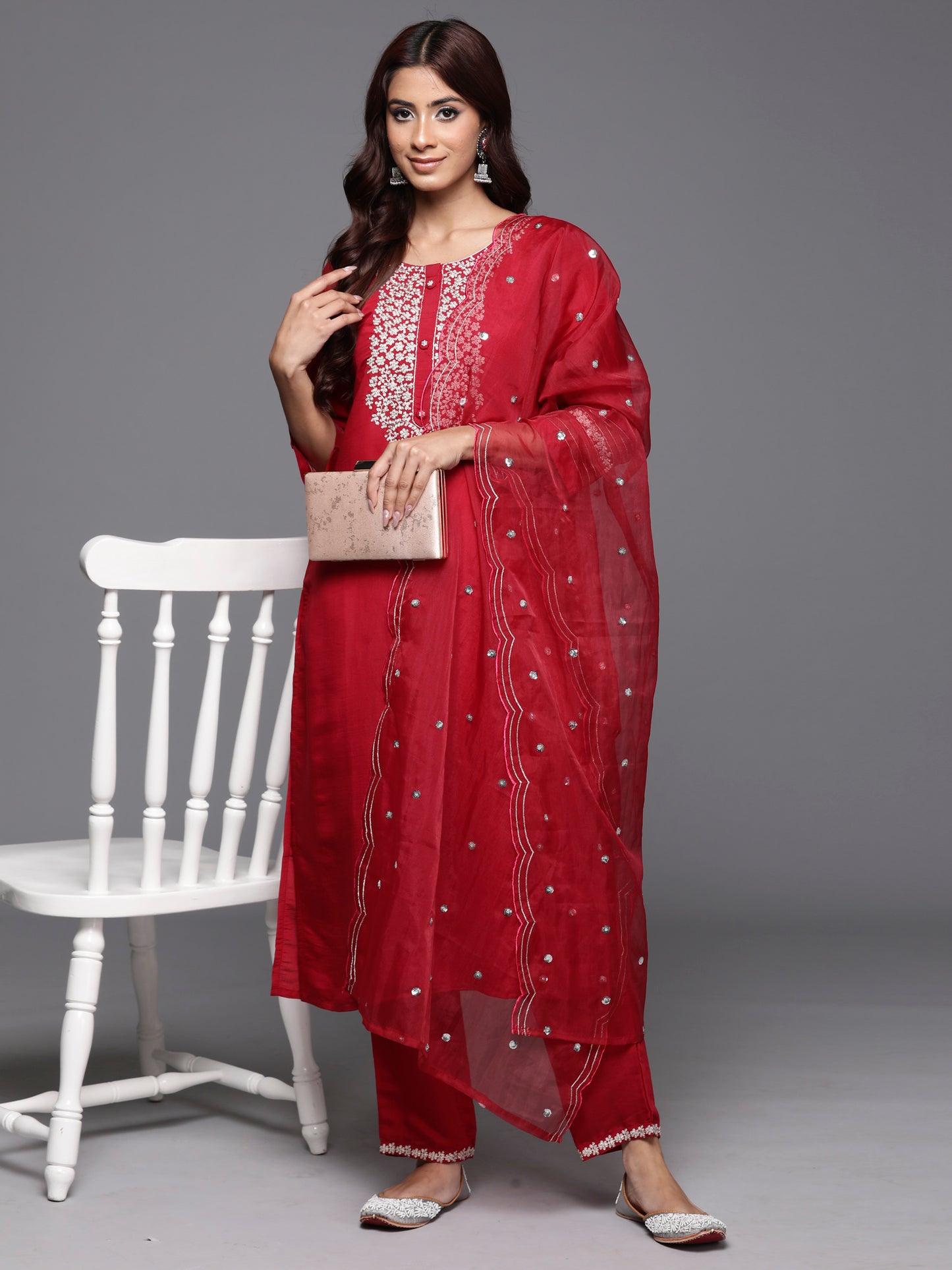 IE Red Embroidered Straight Kurta Trousers With Dupatta Set