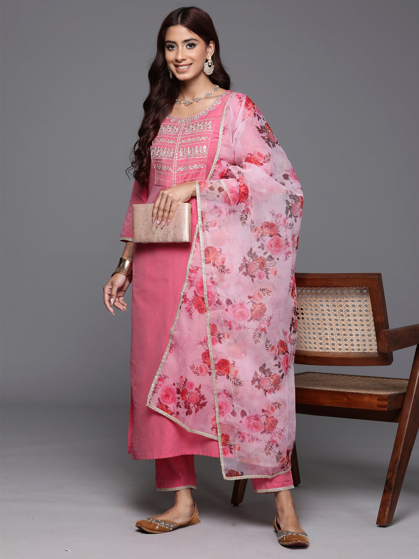 IE Pink Embroidered Straight Kurta Trousers With Dupatta Set