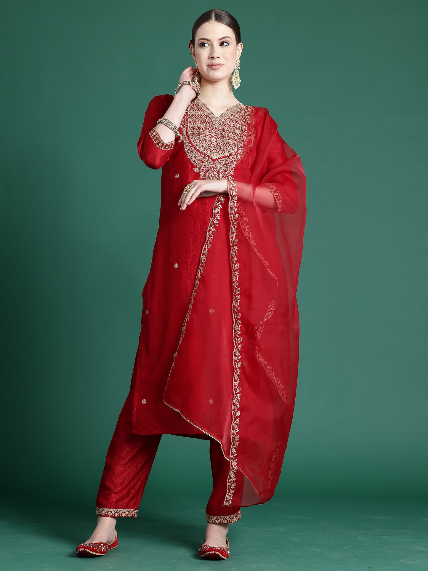 IE Red Embroidered Straight Kurta Palazzos With Dupatta set