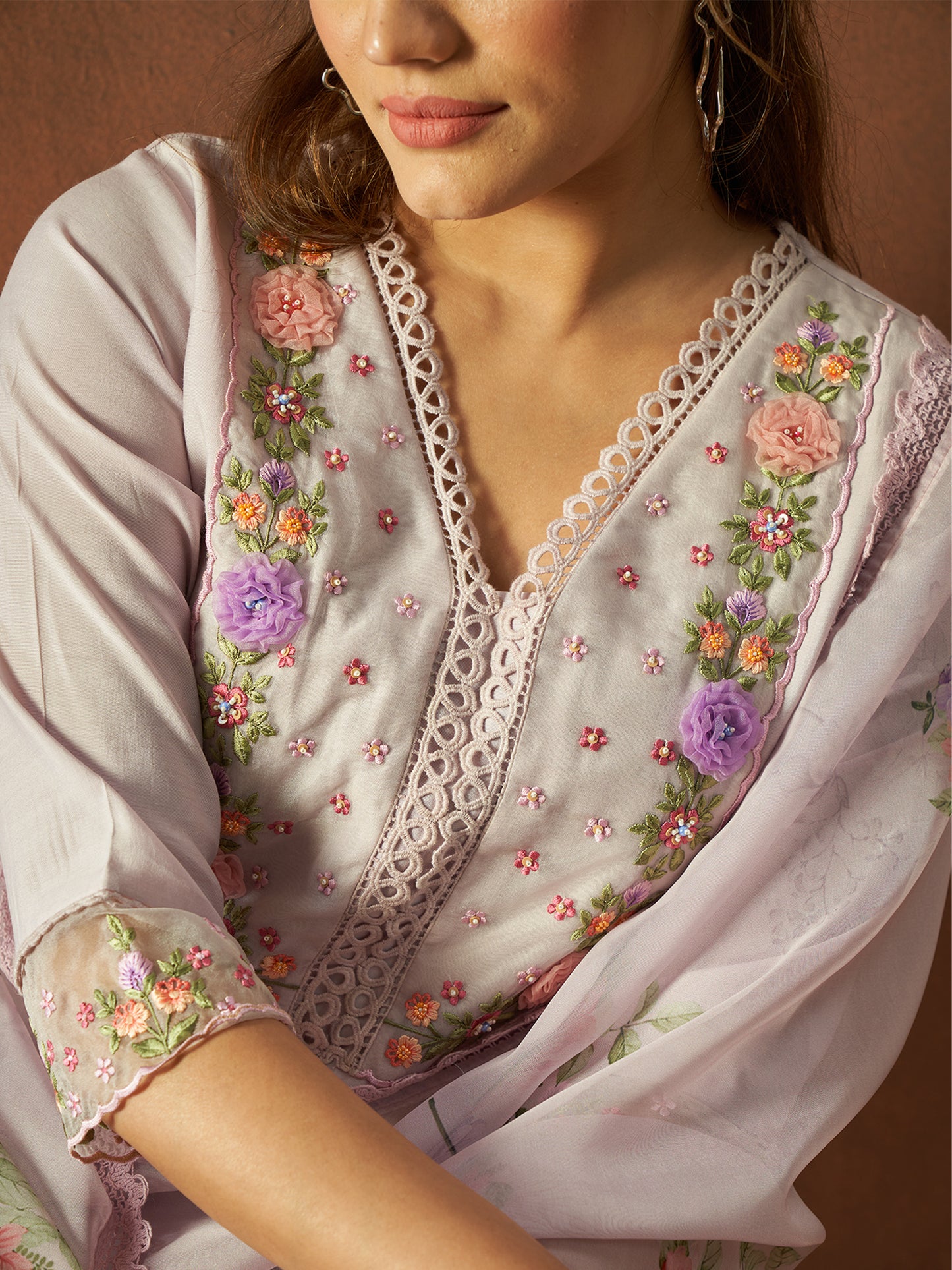 IE Lavender Embroidered Straight Kurta Trousers With Dupatta set