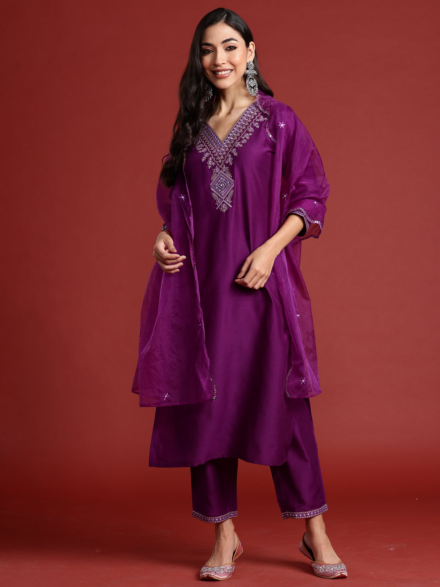 IE Purple Embroidered Straight Kurta Trousers With Dupatta set