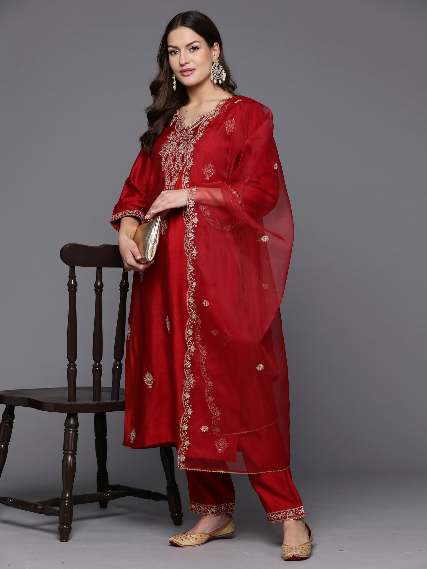 IE Red Embroidered Straight Kurta Trousers With Dupatta Set