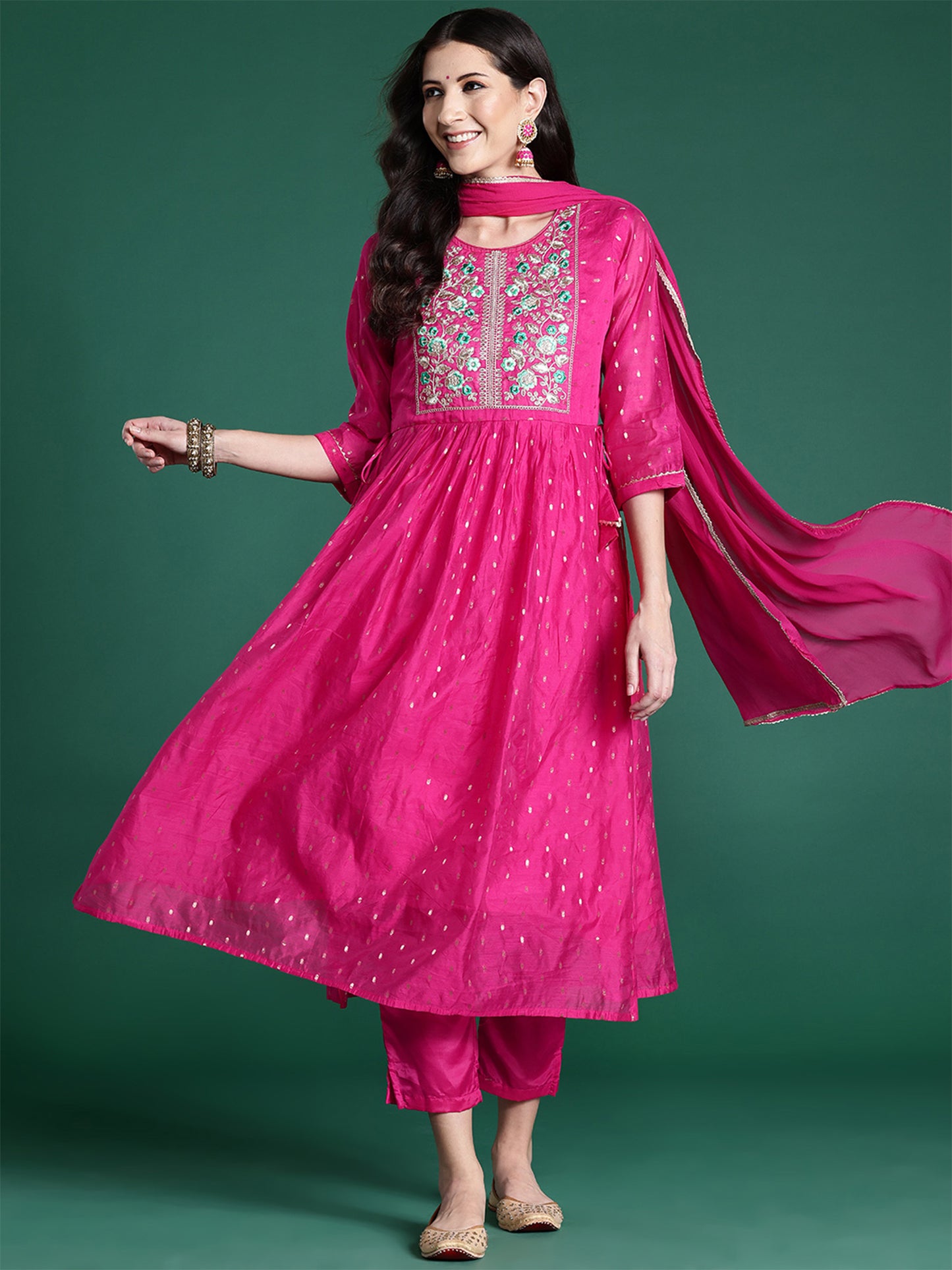 IE Pink Embroidered A-Line Kurta Trousers With Dupatta set