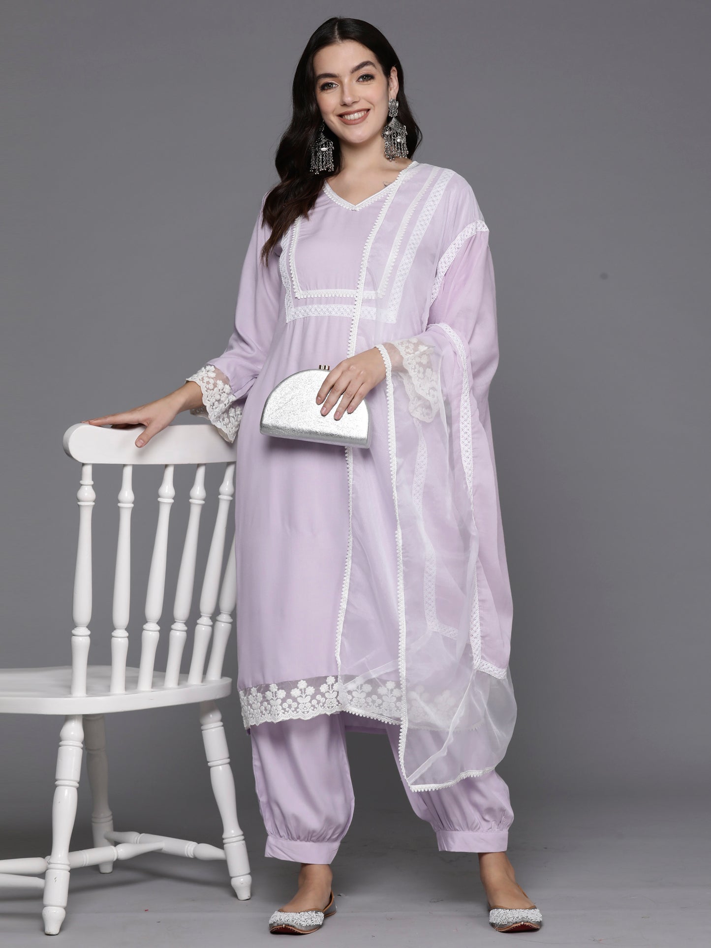 IE Lavender Embroidered Straight Kurta Salwar With Dupatta Set