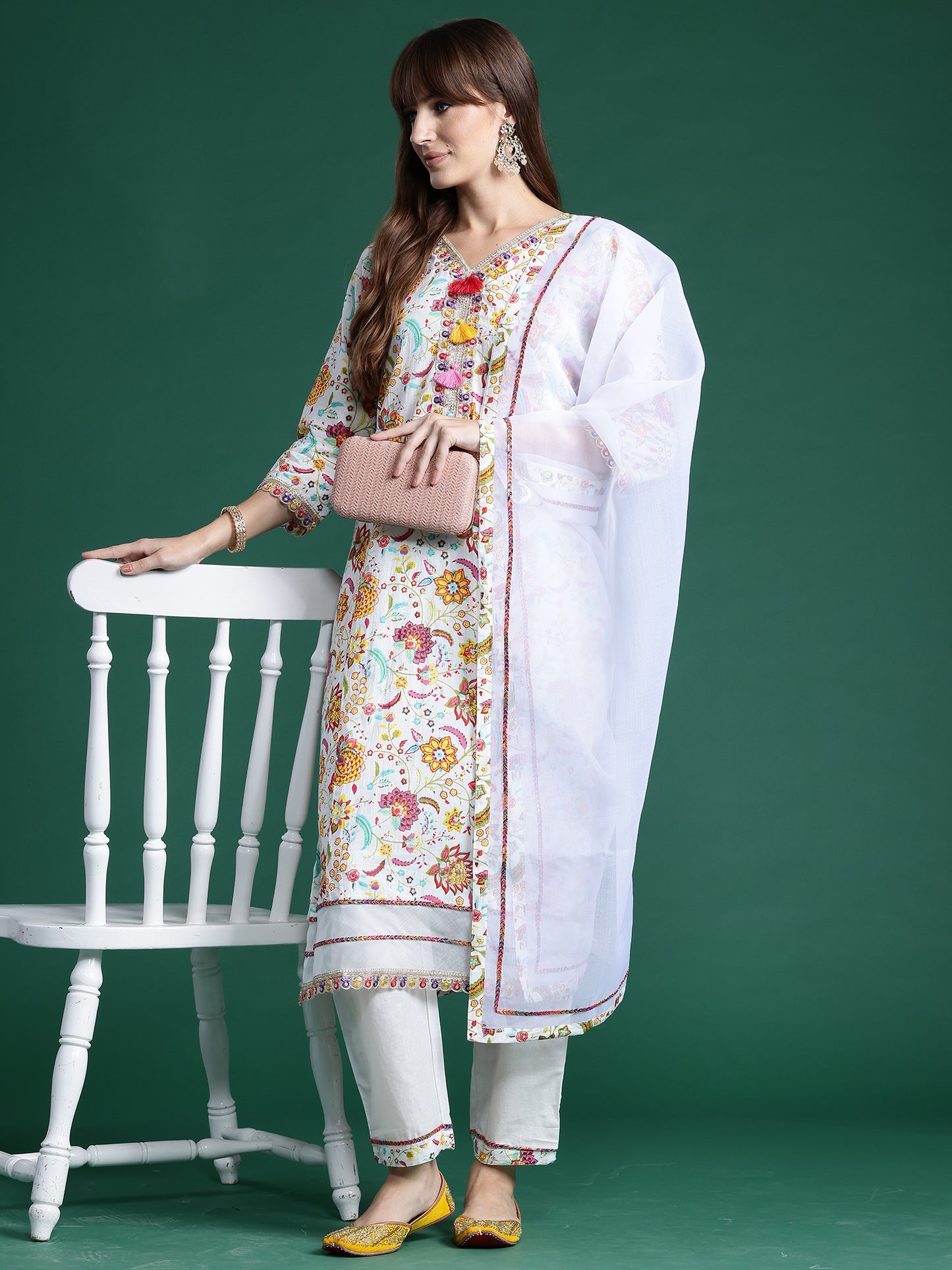 IE Off White Printed Straight Kurta Trousers With Dupatta set