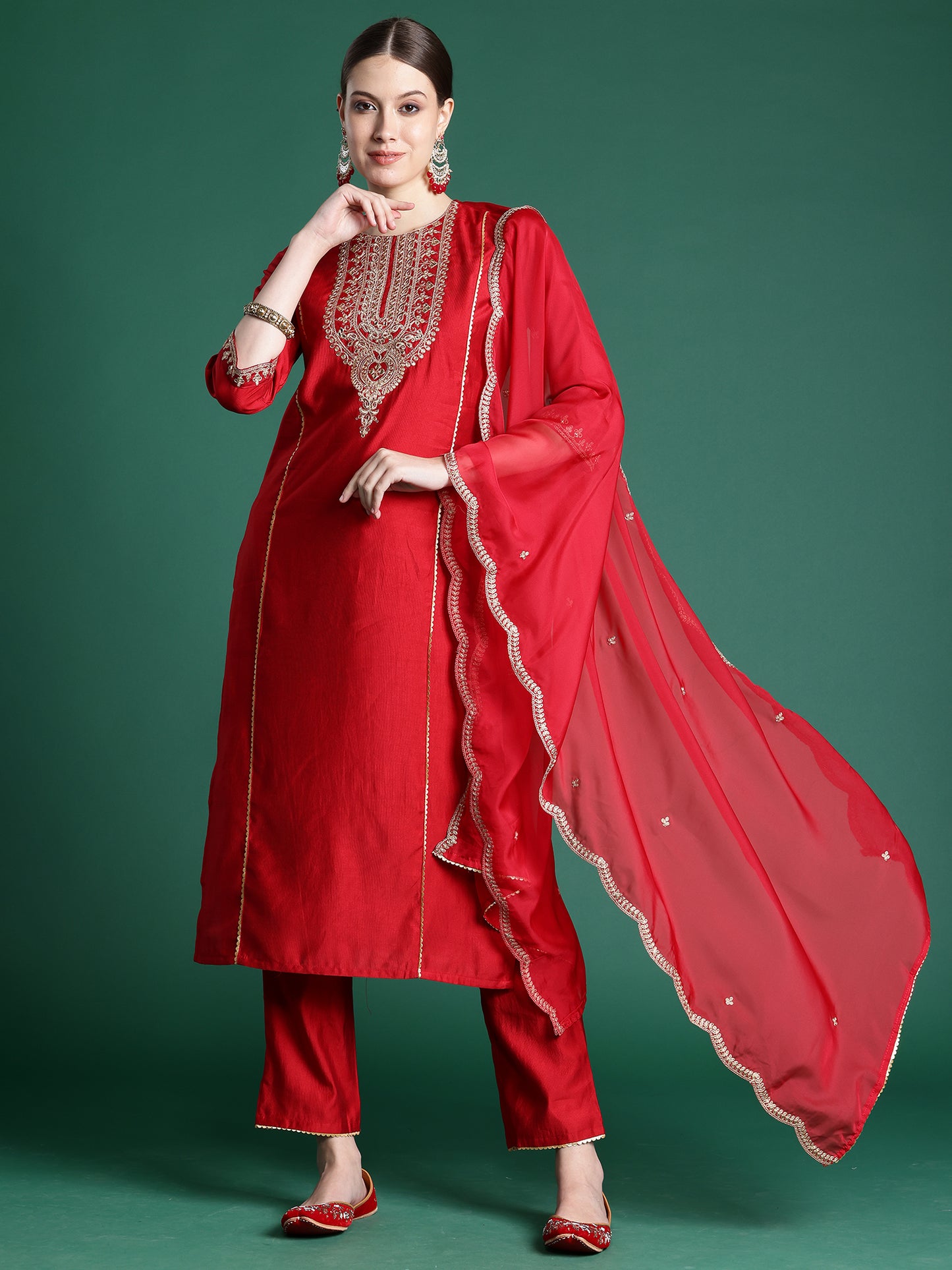 IE Red Embroidered Straight Kurta Trousers With Dupatta Set