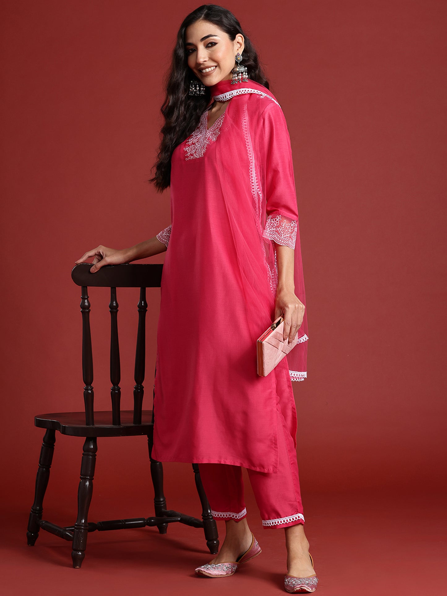 IE Pink Embroidered Straight Kurta Trousers With Dupatta set