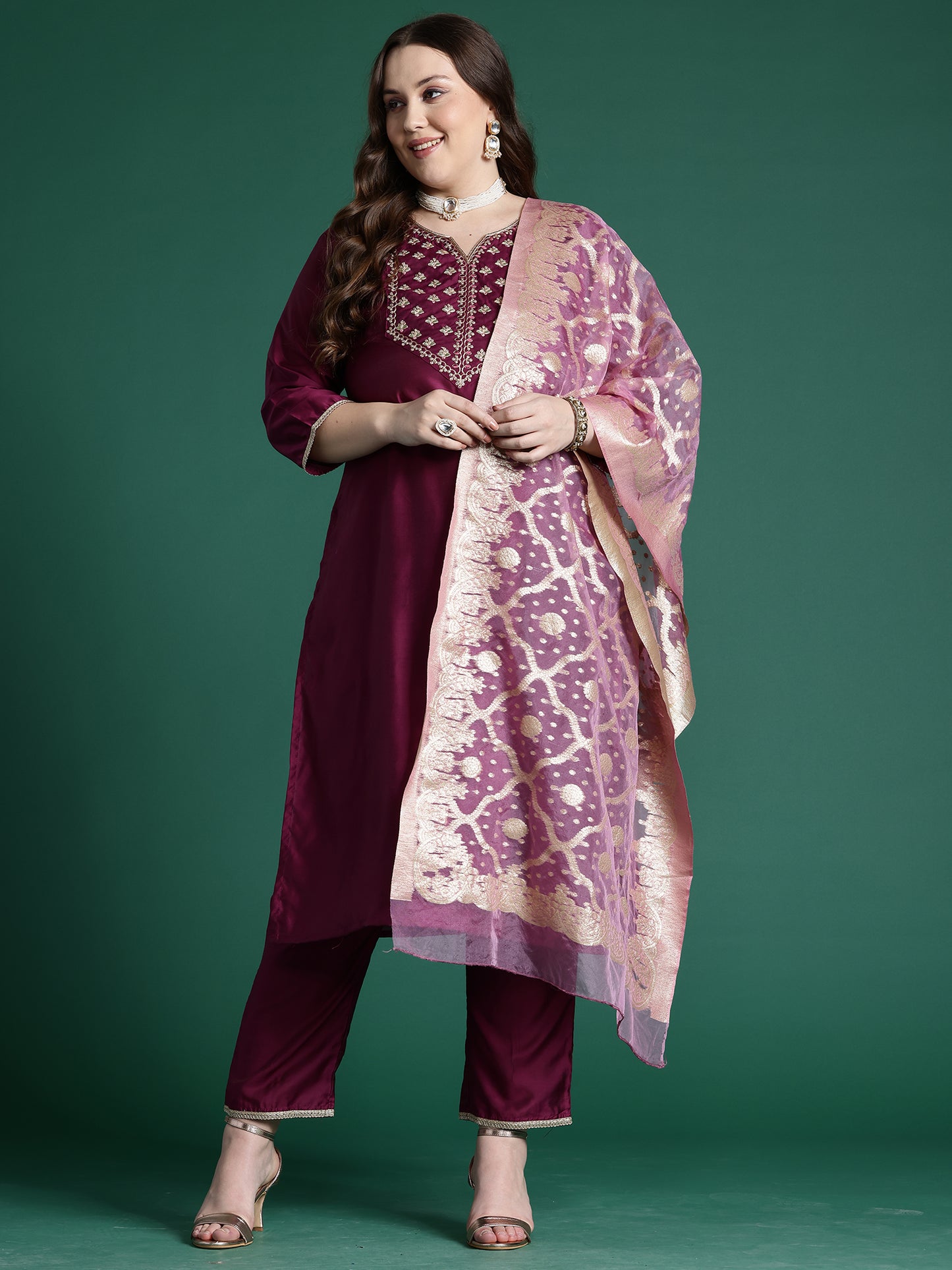 IE Purple Embroidered Straight Kurta Trousers With Dupatta set