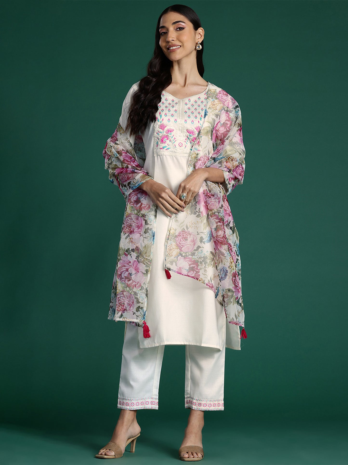 IE White Yoke Design Straight Kurta Trousers With Dupatta set