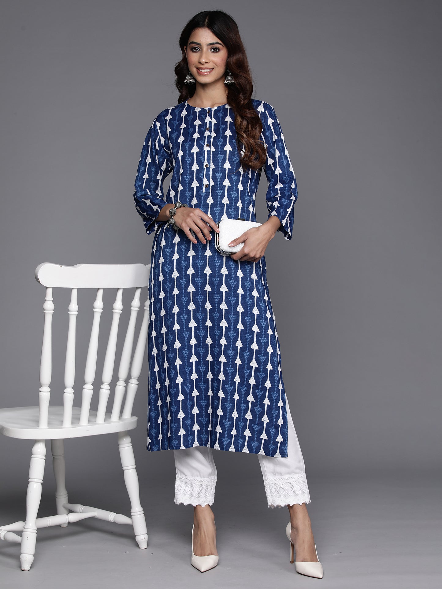 IE Navy Blue Printed Straight Kurtas