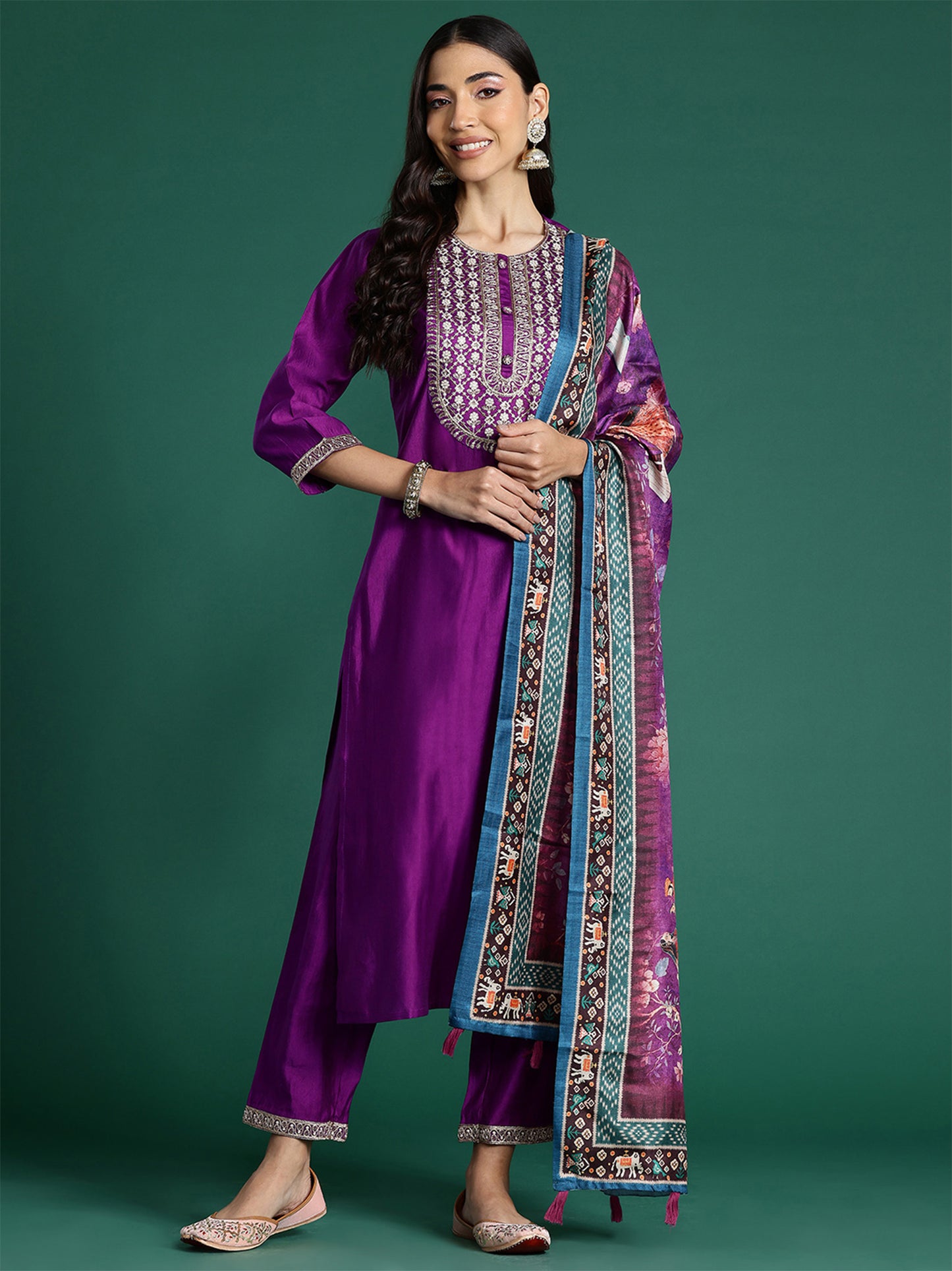 IE Purple Embroidered Straight Kurta Trousers With Dupatta set