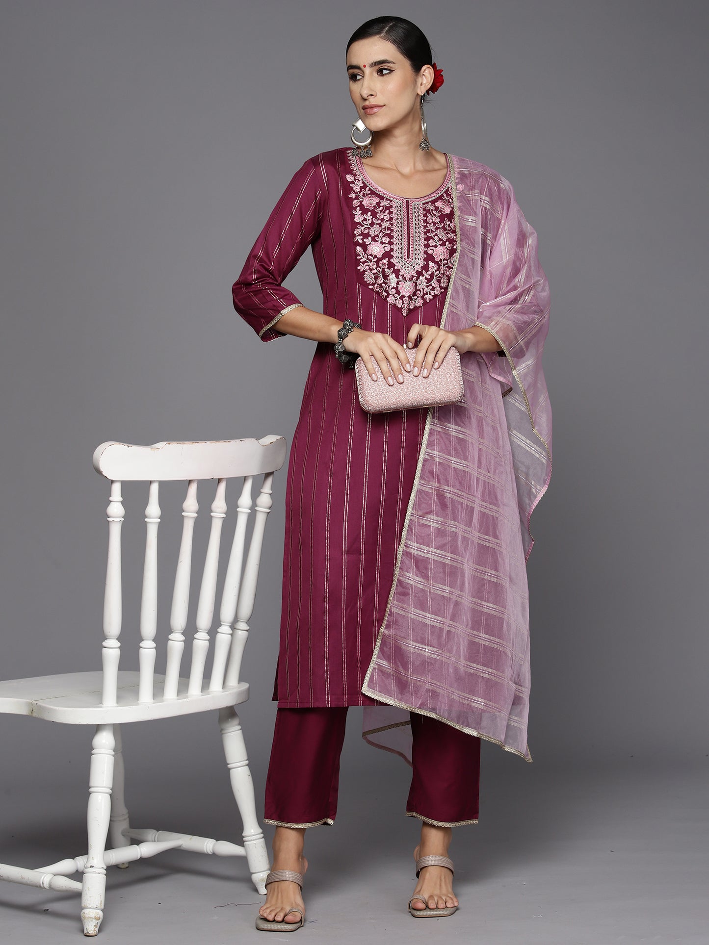 IE Burgundy Embroidered Straight Kurta Trousers With Dupatta Set