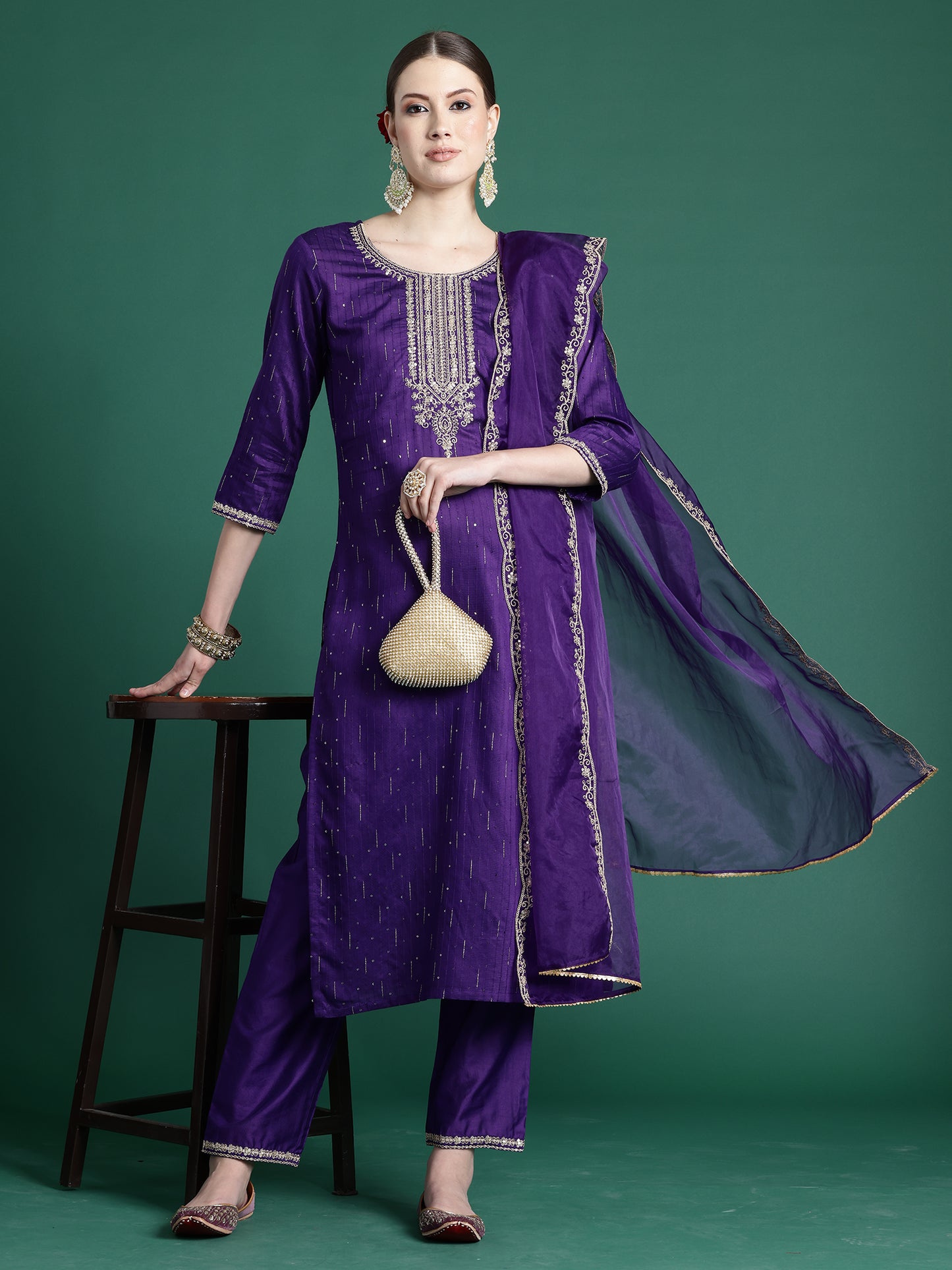 IE Purple Embroidered Straight Kurta Trousers With Dupatta set