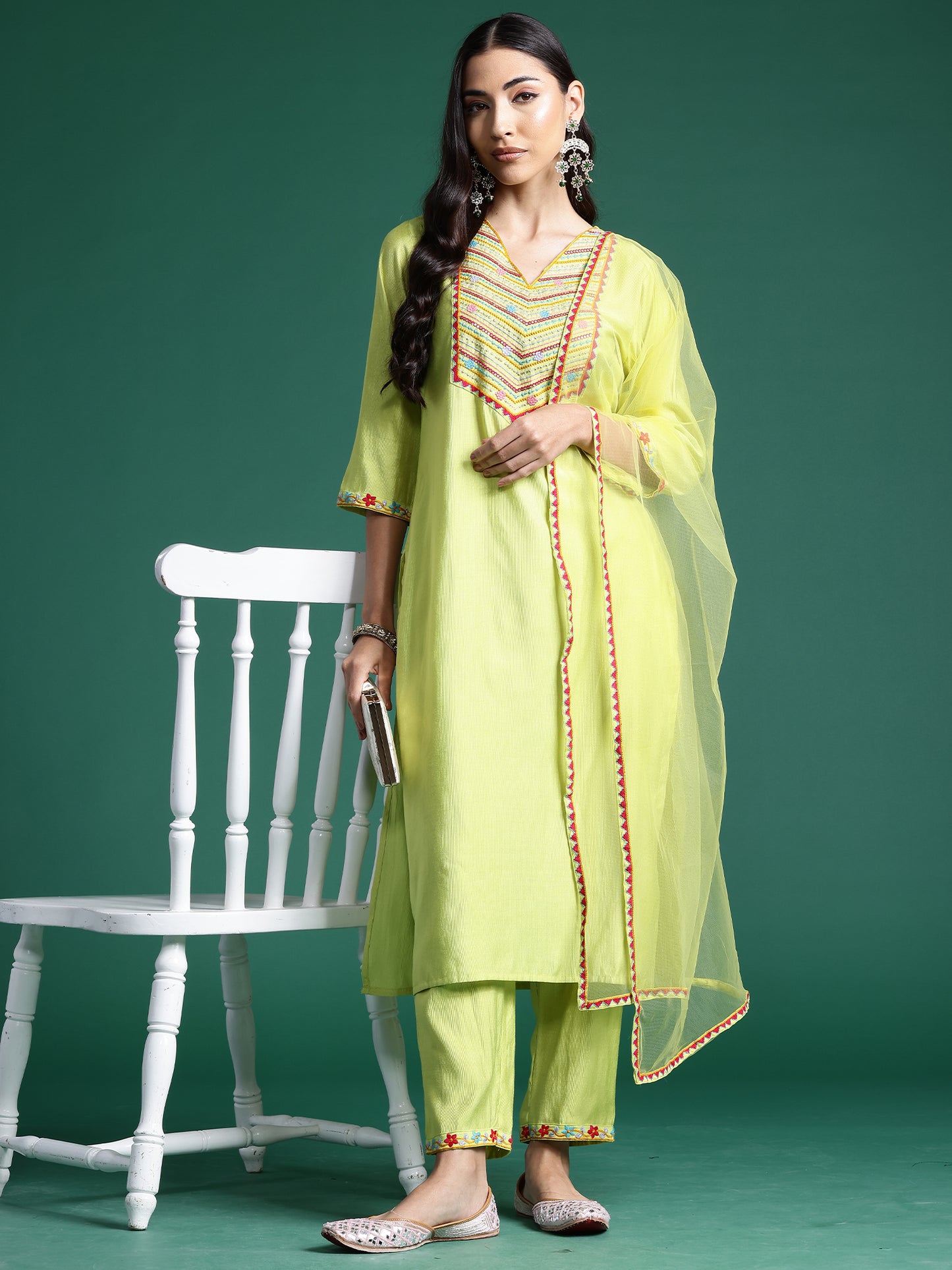 IE Green Embroidered Straight Kurta Trousers With Dupatta  Set