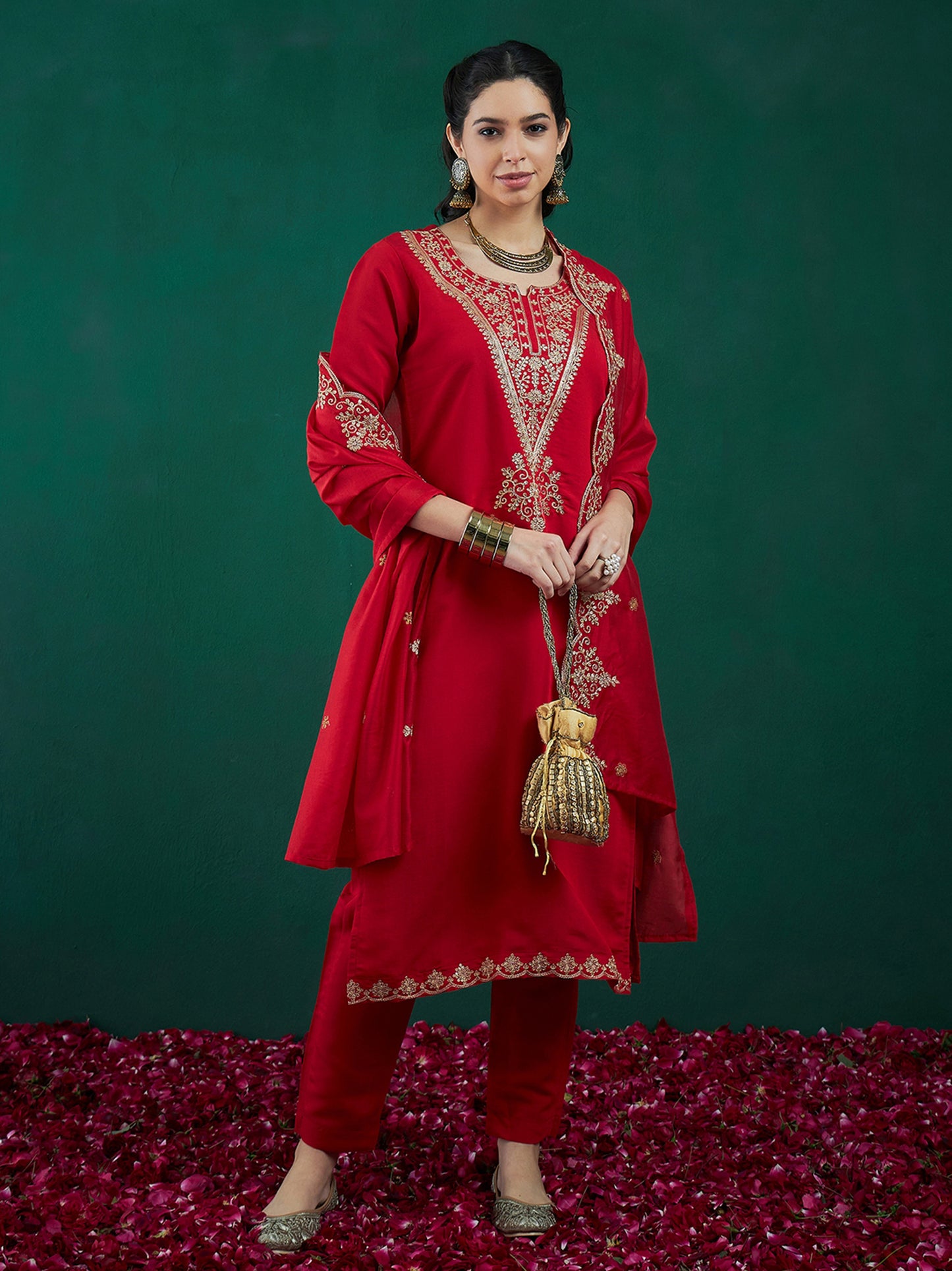 IE Red Embroidered Straight Kurta Trousers With Dupatta set