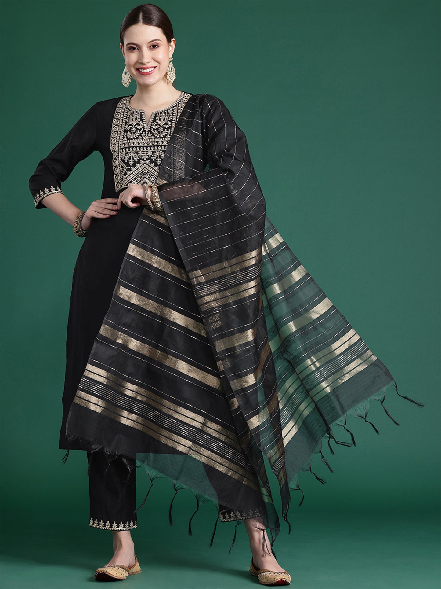 IE Black Embroidered Straight Kurta Trousers With Dupatta set