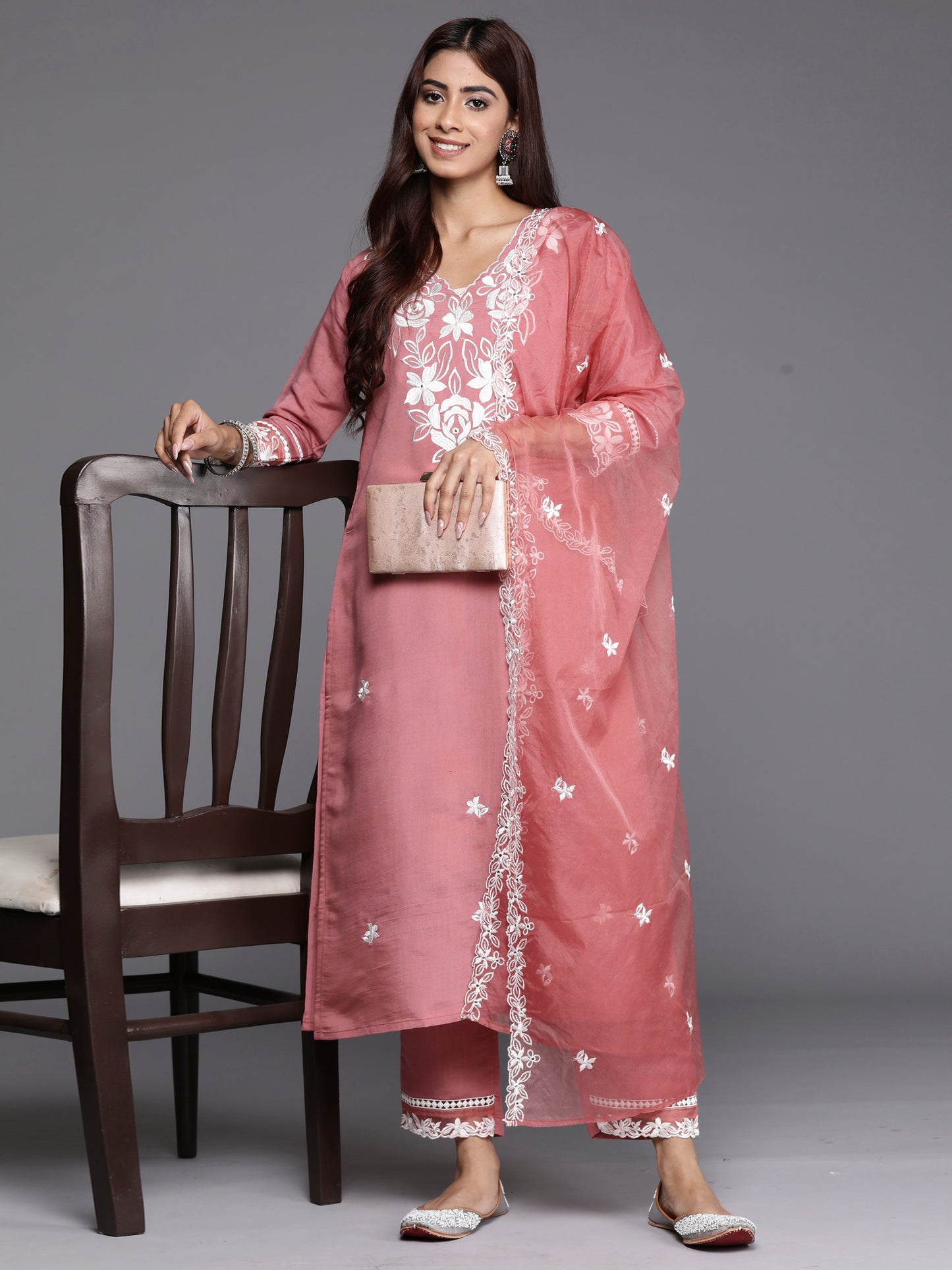 IE Rust Embroidered Straight Kurta Trousers With Dupatta set