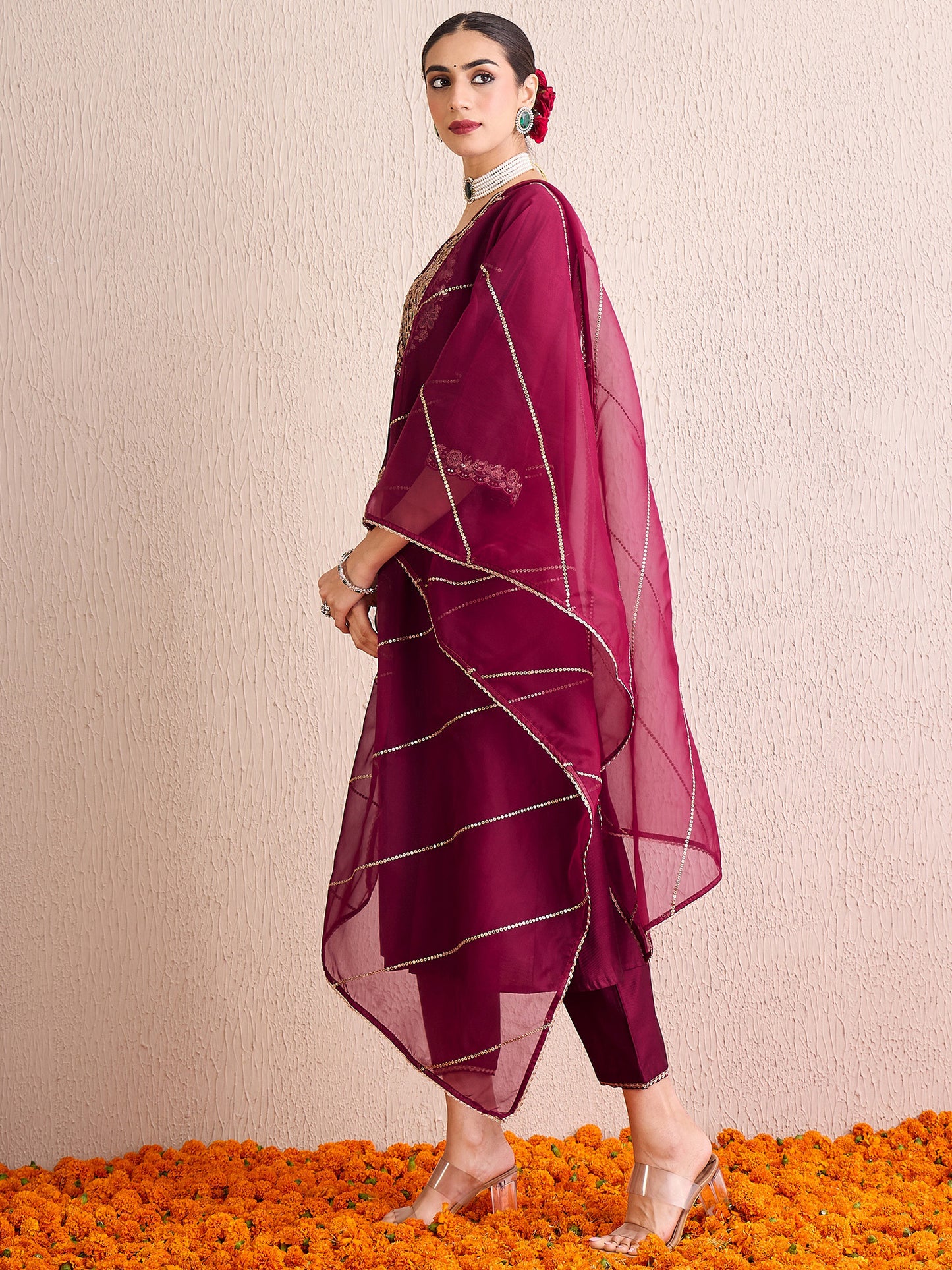 IE Burgundy Embroidered A-Line Kurta Palazzos With Dupatta  Set