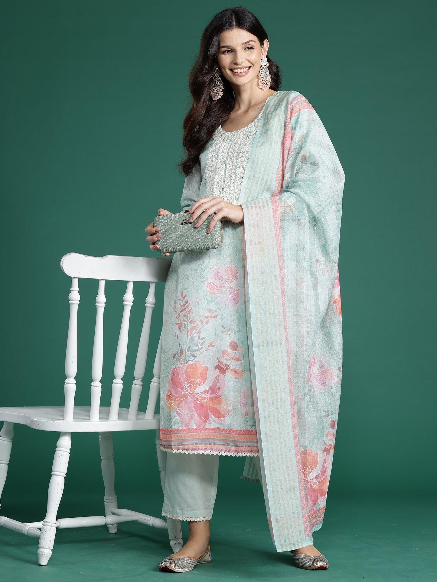 IE Sea Green Printed Straight Kurta Trousers With Dupatta  Set