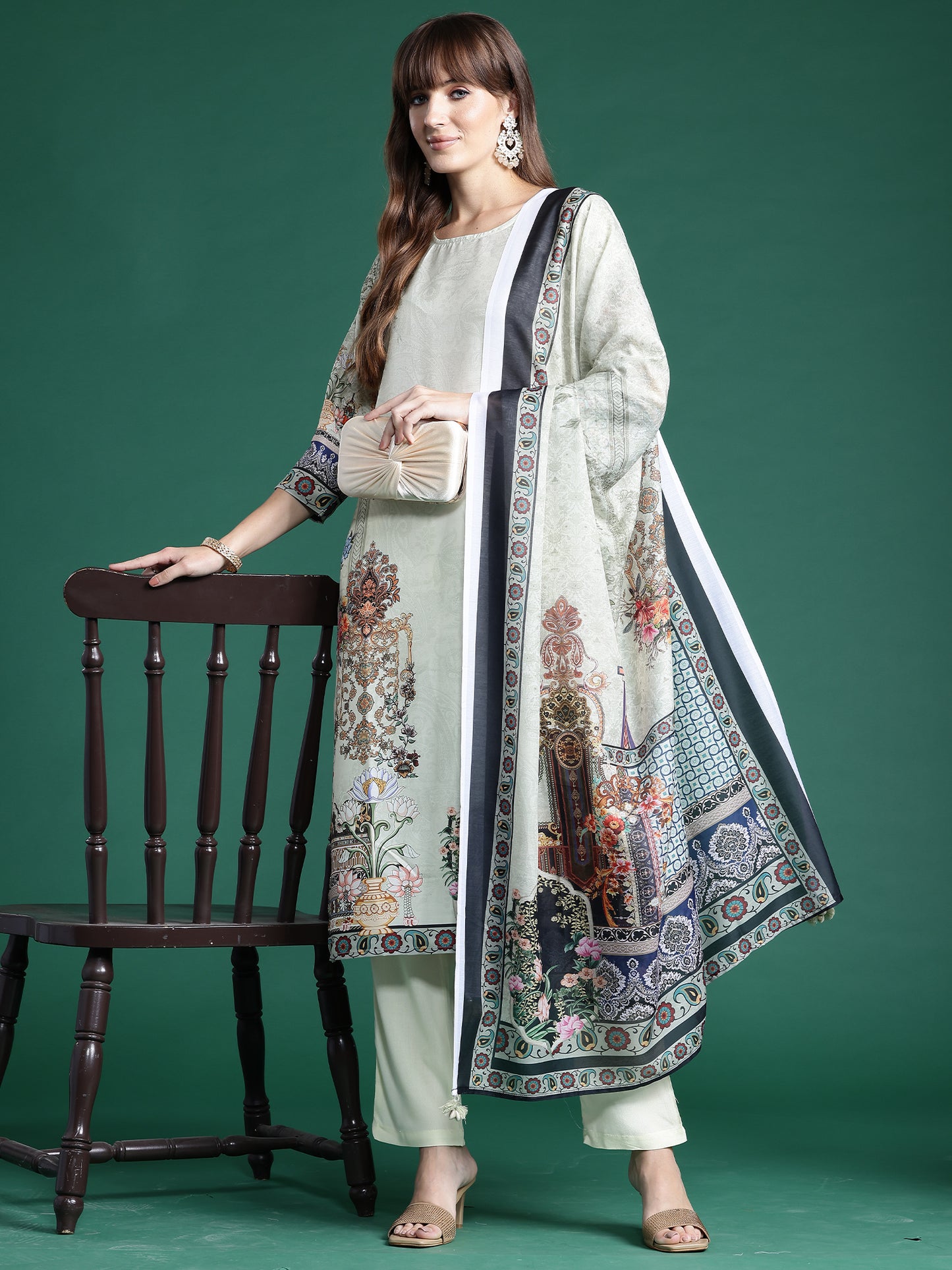 IE Green Printed Straight Kurta Trousers With Dupatta set