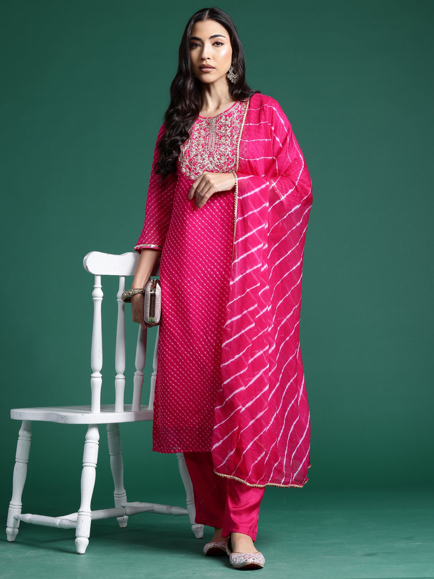 IE Pink Printed Straight Kurta Trousers With Dupatta set