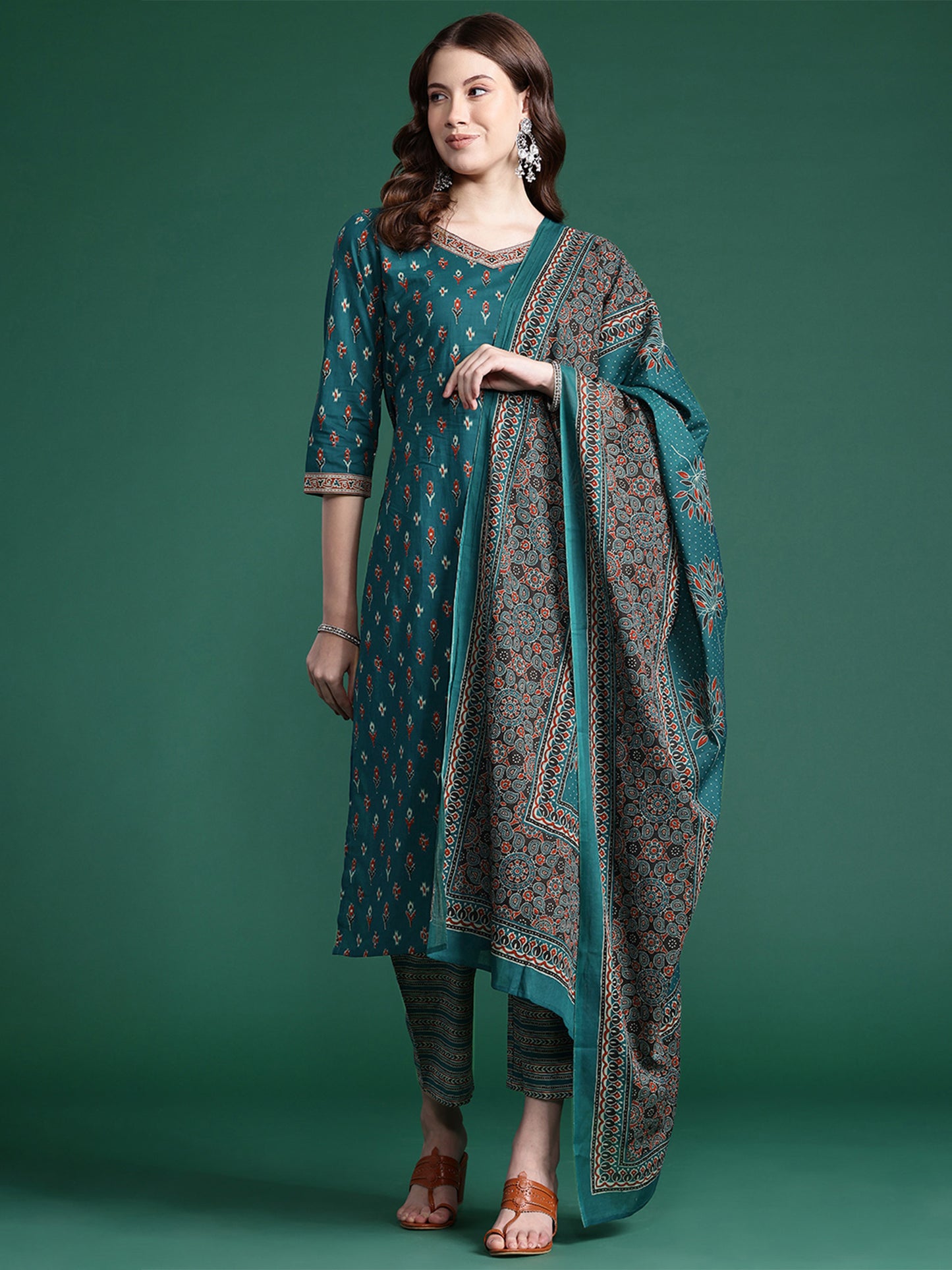 IE Teal Printed Straight Kurta Trousers With Dupatta set