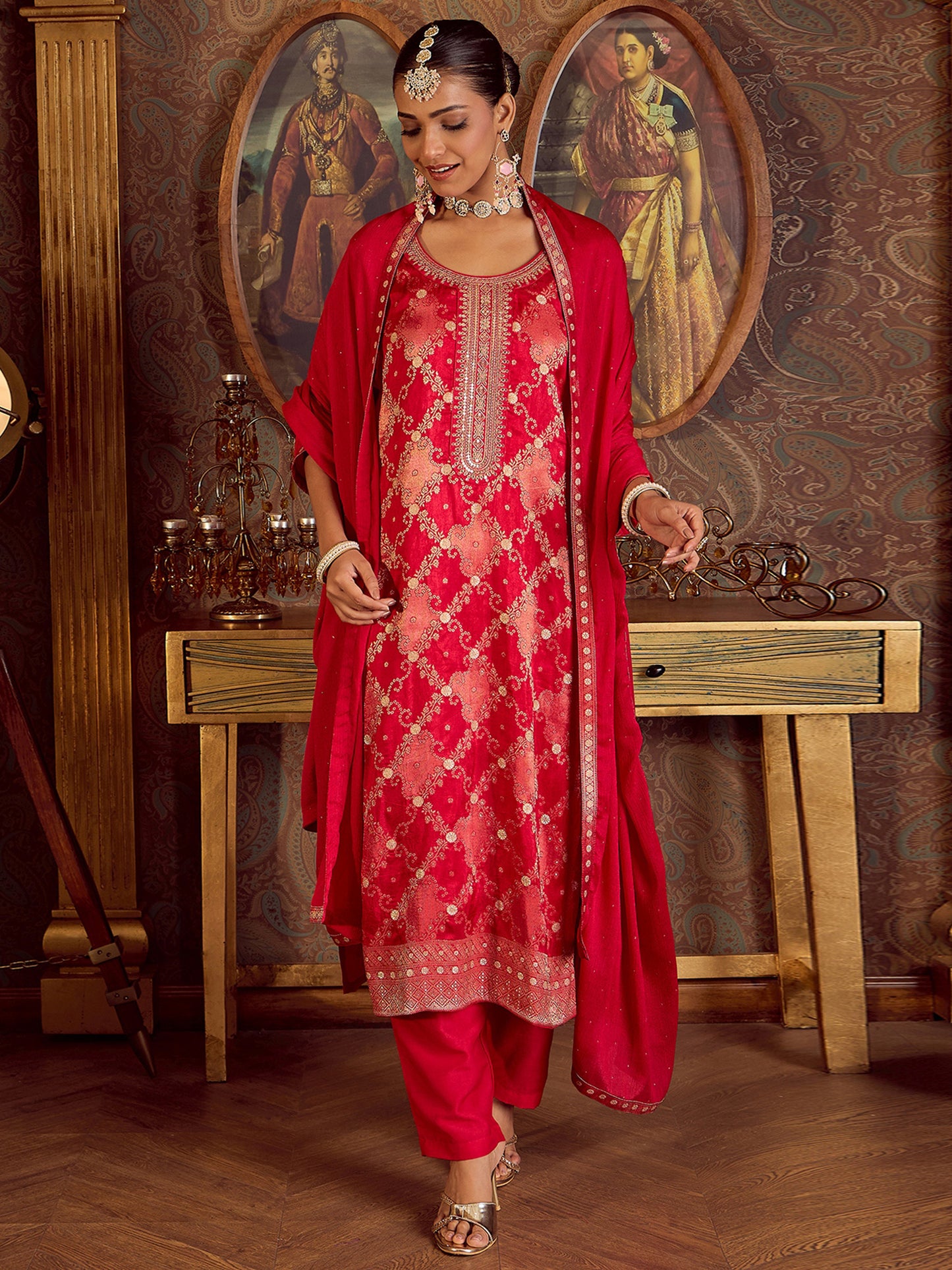 IE Magenta Embroidered Straight Kurta Trousers With Dupatta set