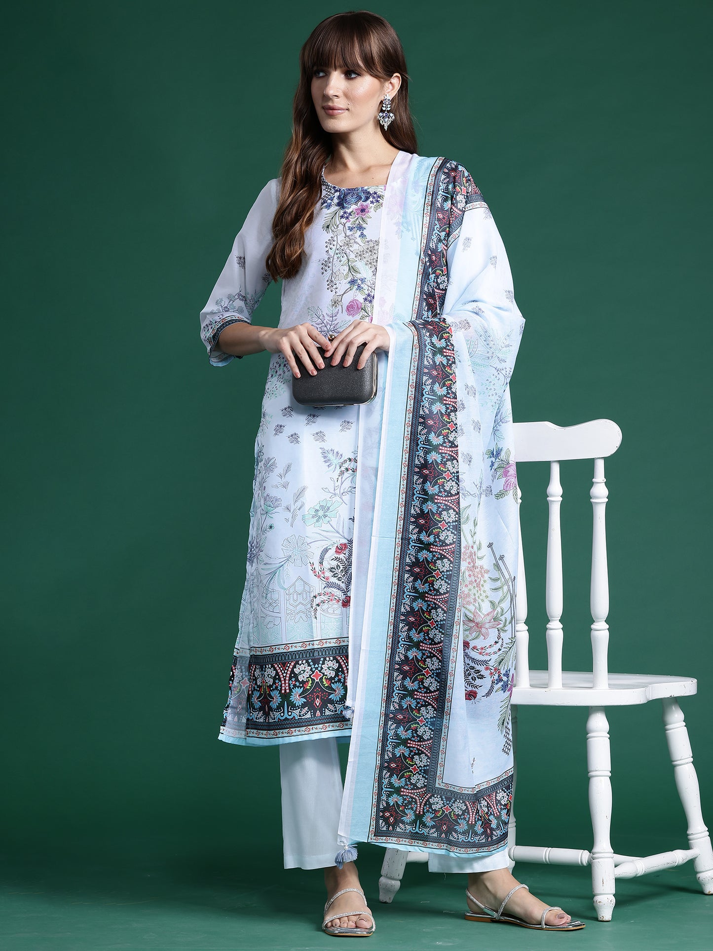 IE Blue Printed Straight Kurta Trousers With Dupatta set