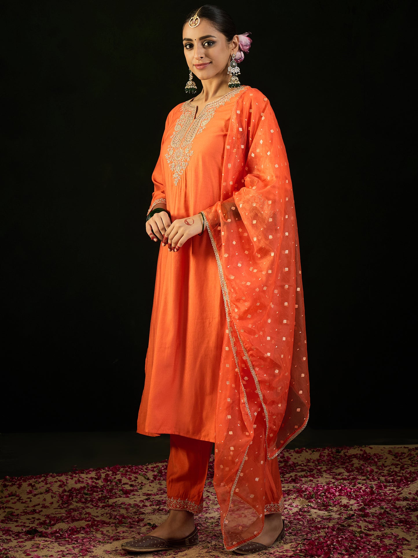 IE Orange Embroidered Straight Kurta Trousers With Dupatta set