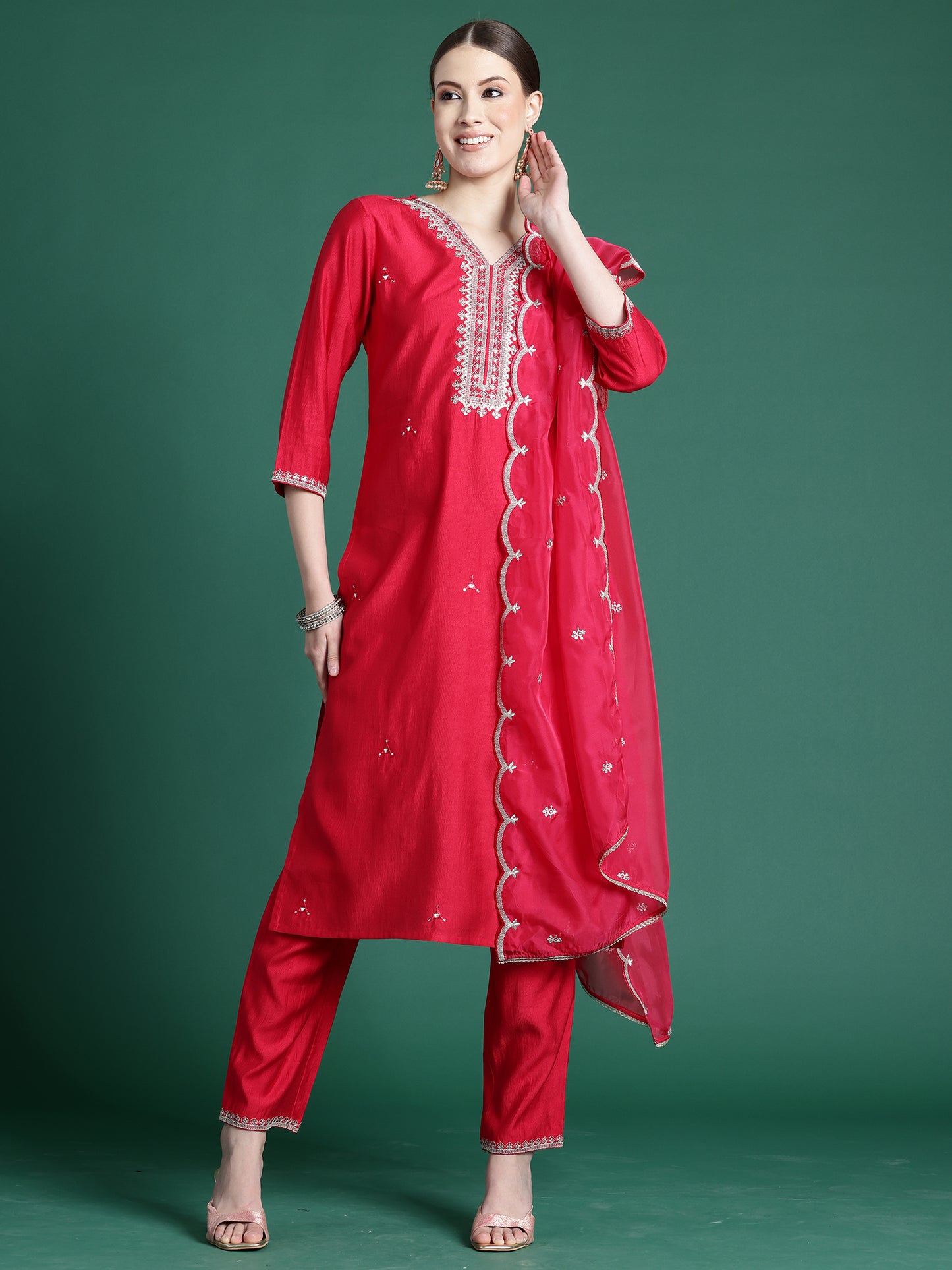 IE Pink Embroidered Straight Kurta Trousers With Dupatta set