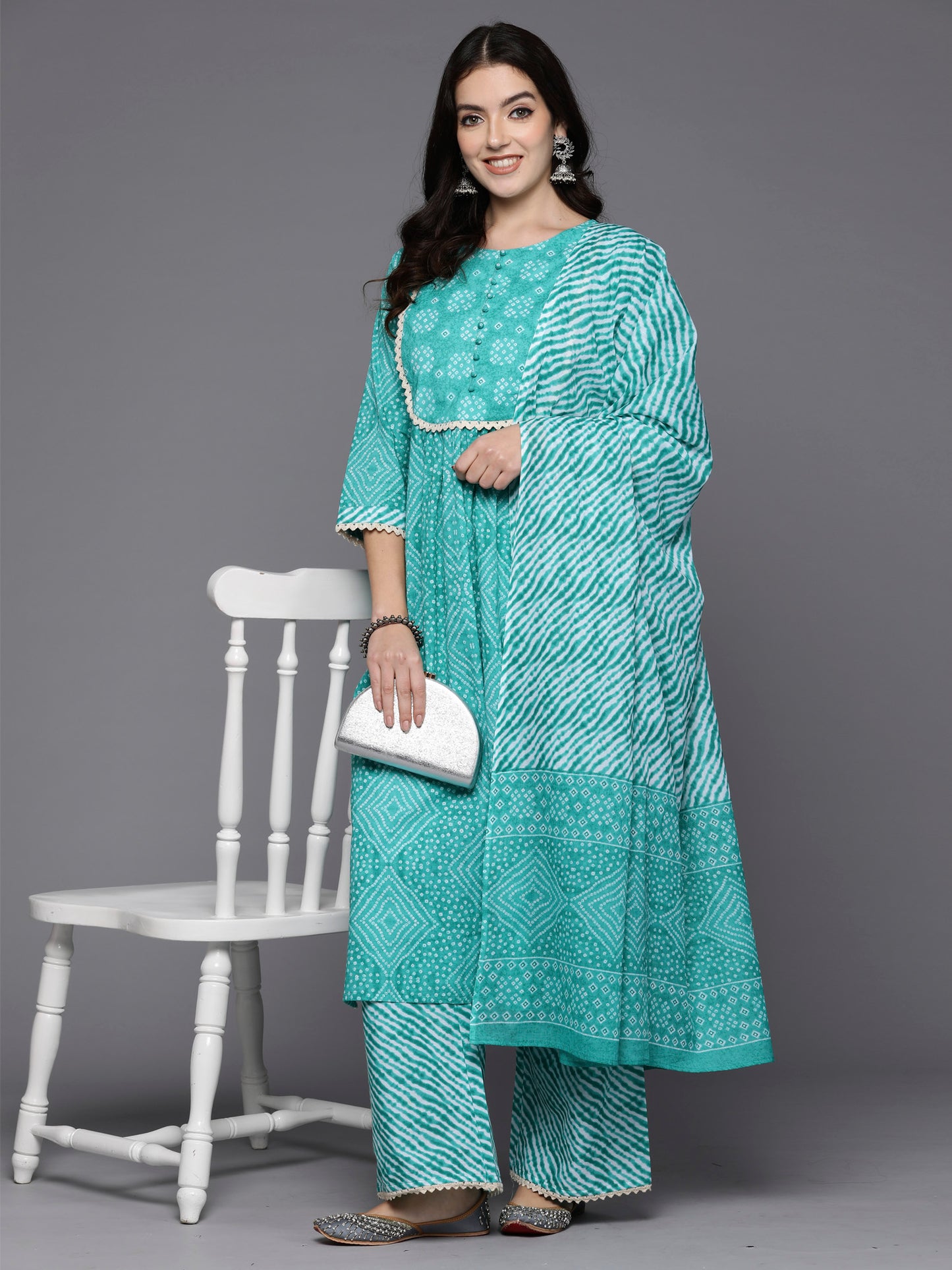 IE Blue Printed Straight Kurta Palazzos With Dupatta Set