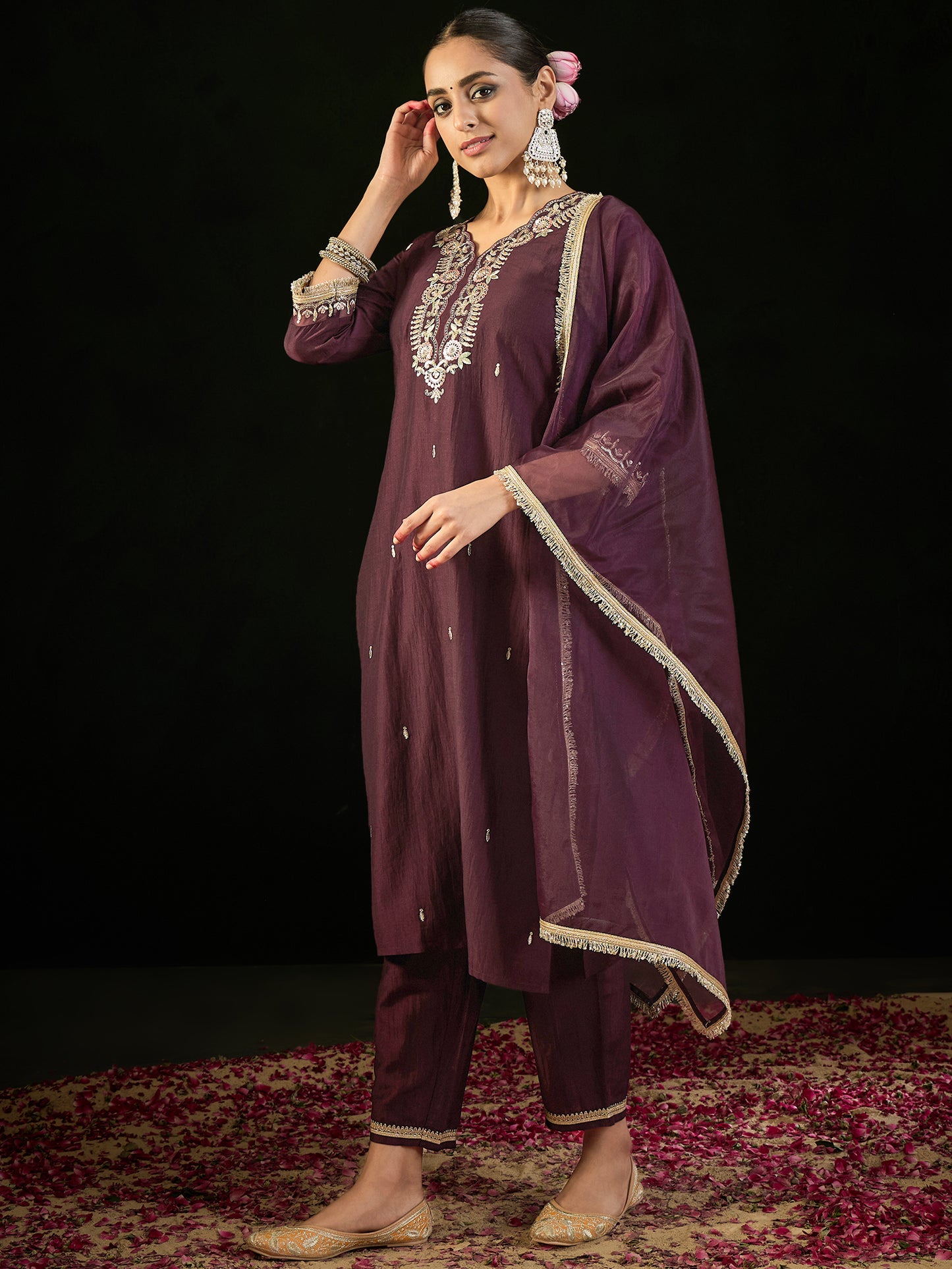 IE Burgundy Embroidered Straight Kurta Trousers With Dupatta set