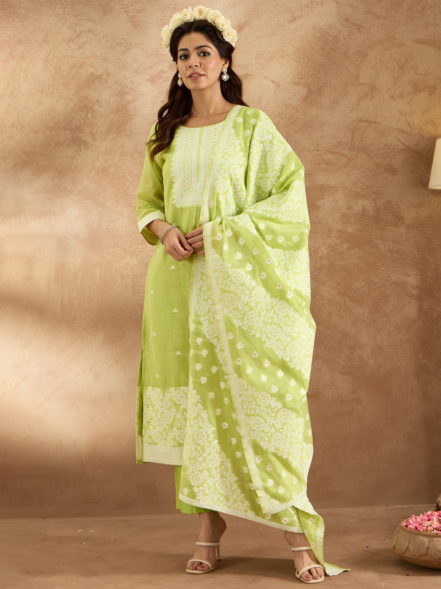 IE Green Woven Design Straight Kurta Trousers With Dupatta set