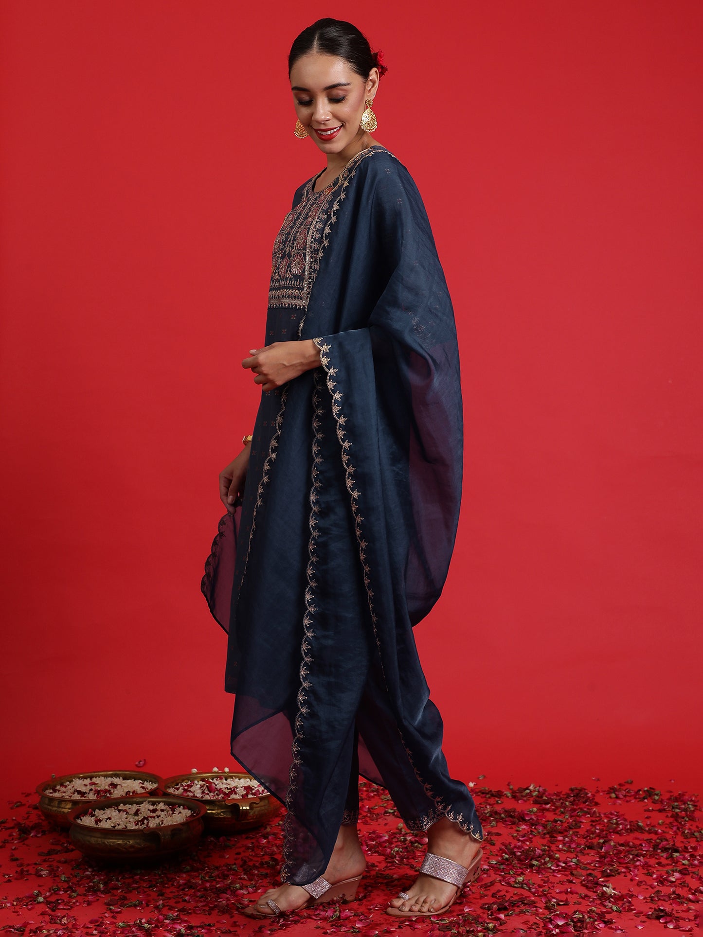 IE Blue Embroidered Straight Kurta Trousers With Dupatta Set