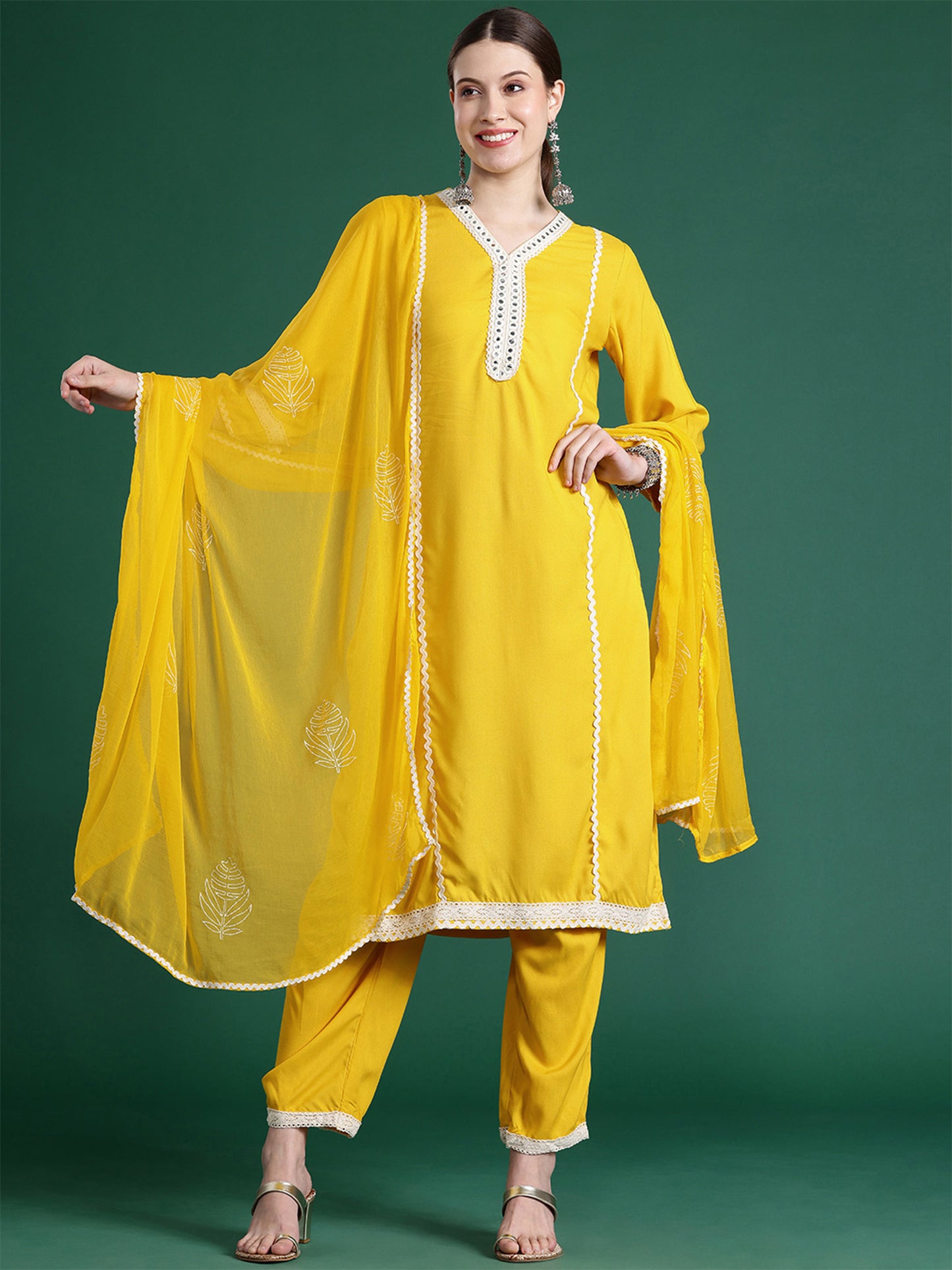 IE Yellow Embroidered Straight Kurta Trousers With Dupatta set