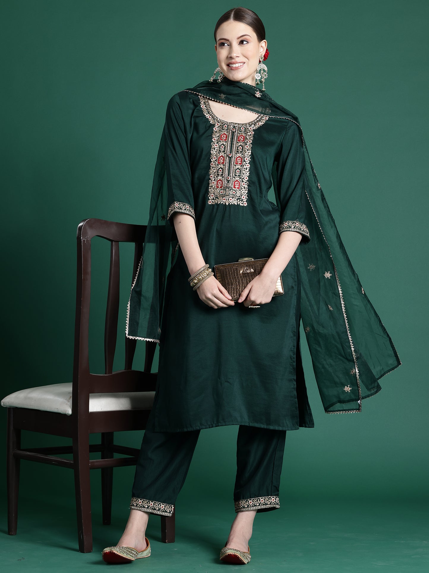 IE Green Embroidered Straight Kurta Trousers With Dupatta set