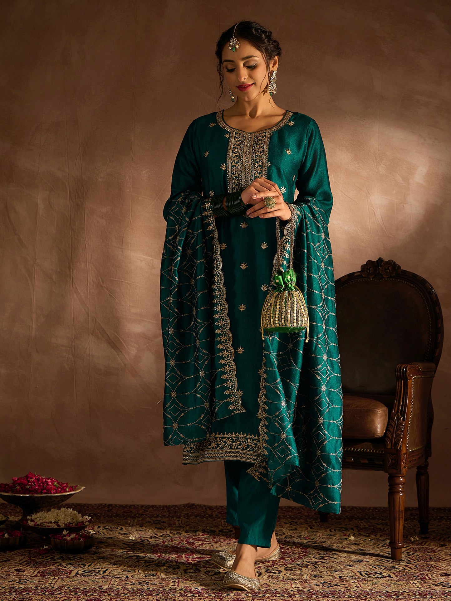 IE Sea Green Embroidered Straight Kurta Trousers With Dupatta set