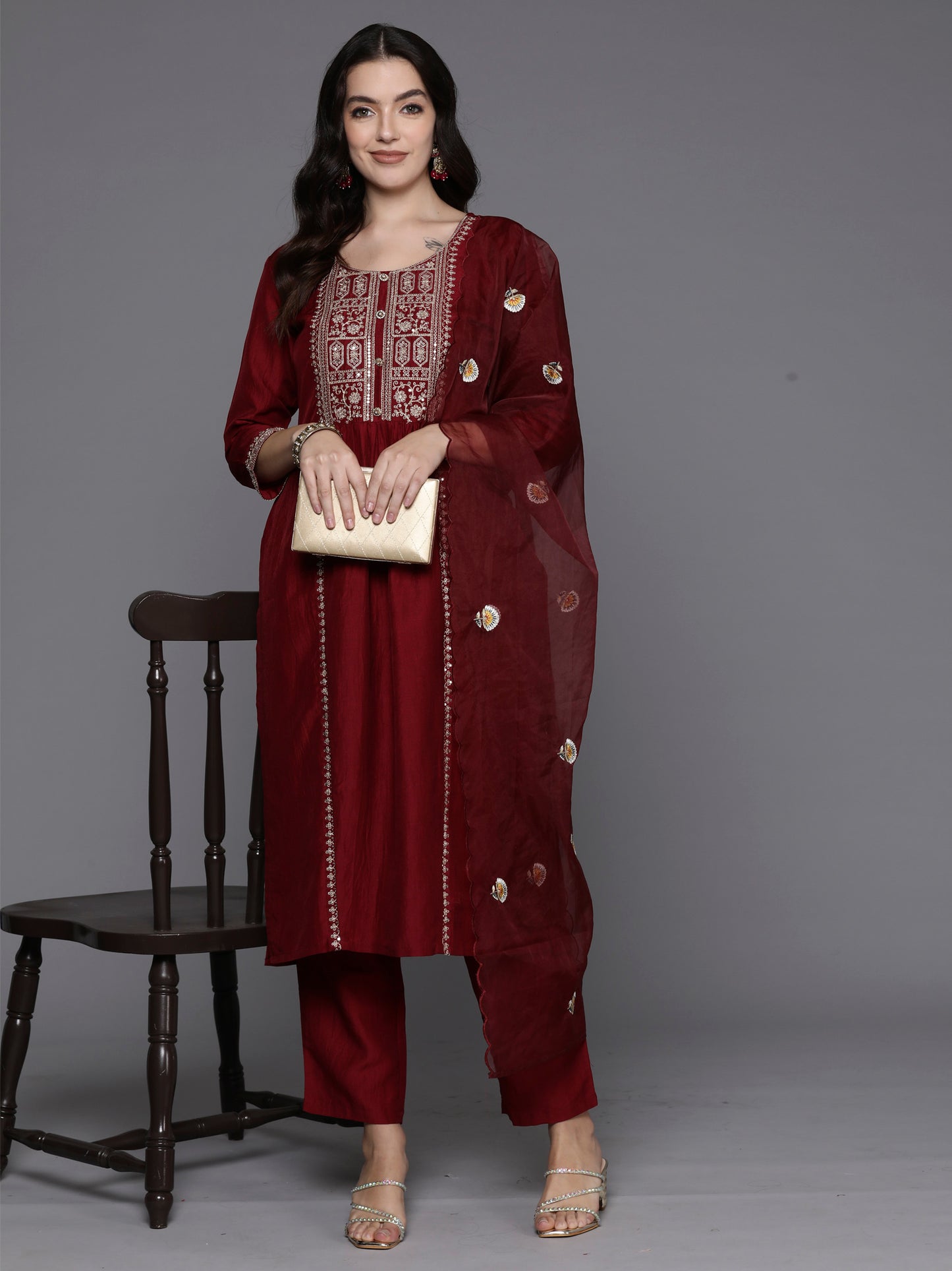 IE Maroon Embroidered Straight Kurta Trousers With Dupatta Set