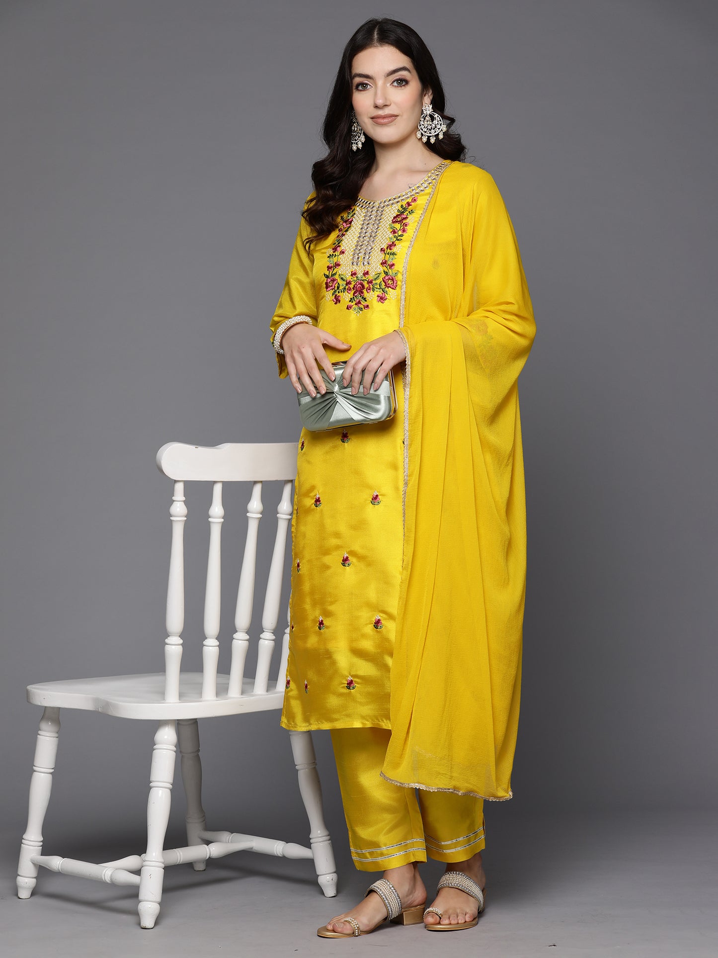 IE Yellow Embroidered Straight Kurta Trousers With Dupatta Set