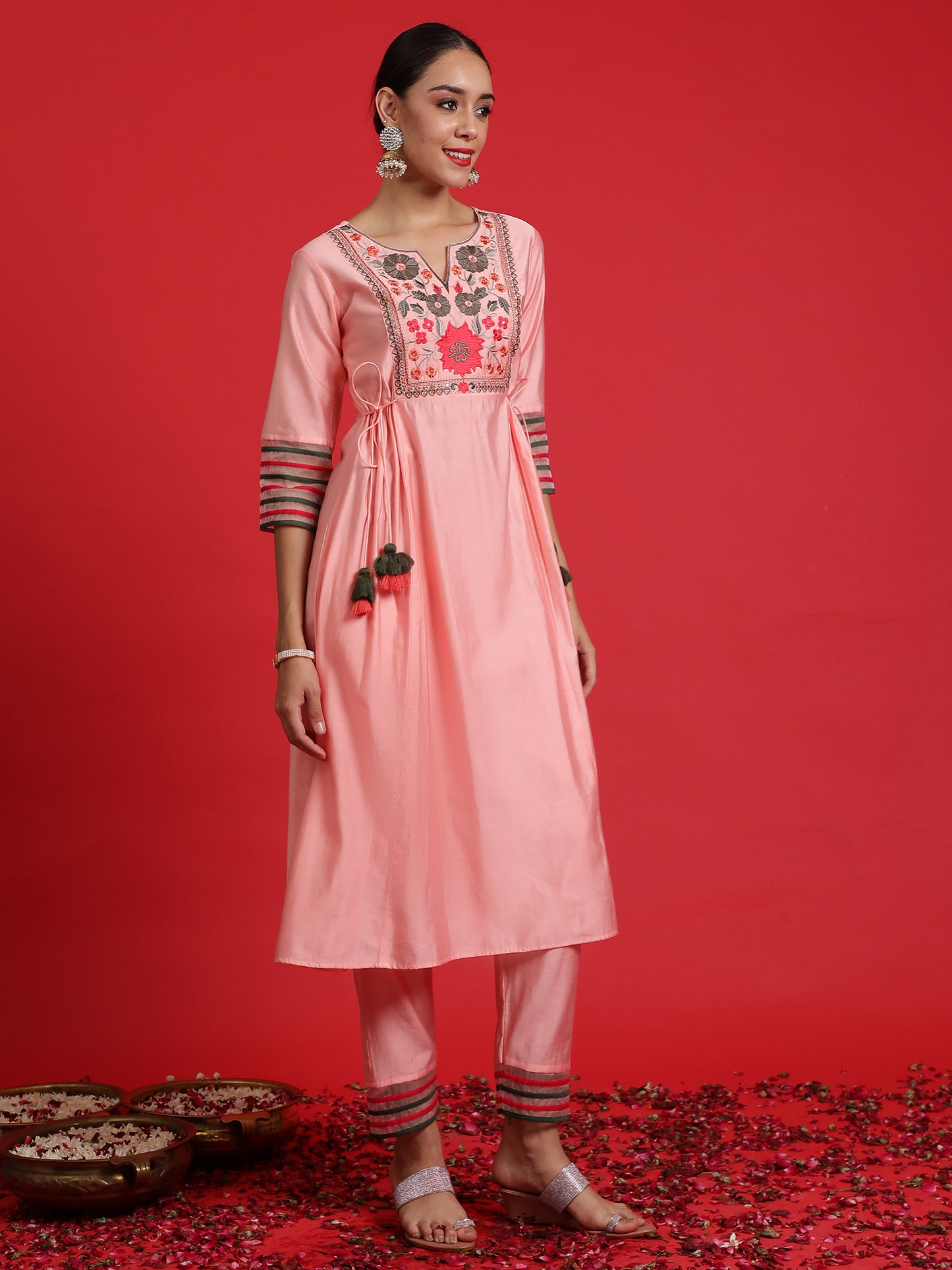 IE Pink Embroidered A-Line Kurta Trousers Set