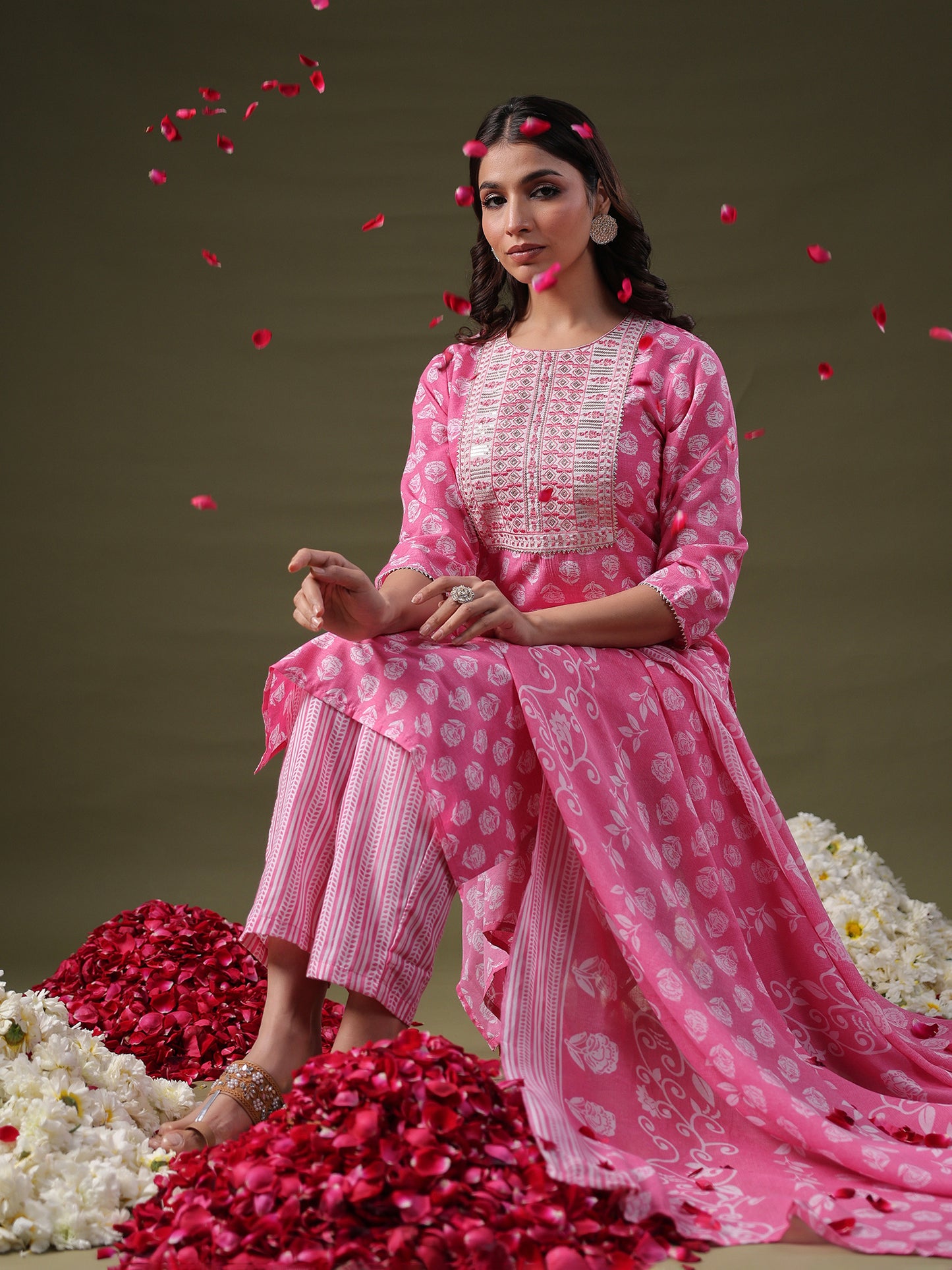 IE Pink Printed Straight Kurta Trousers With Dupatta Set